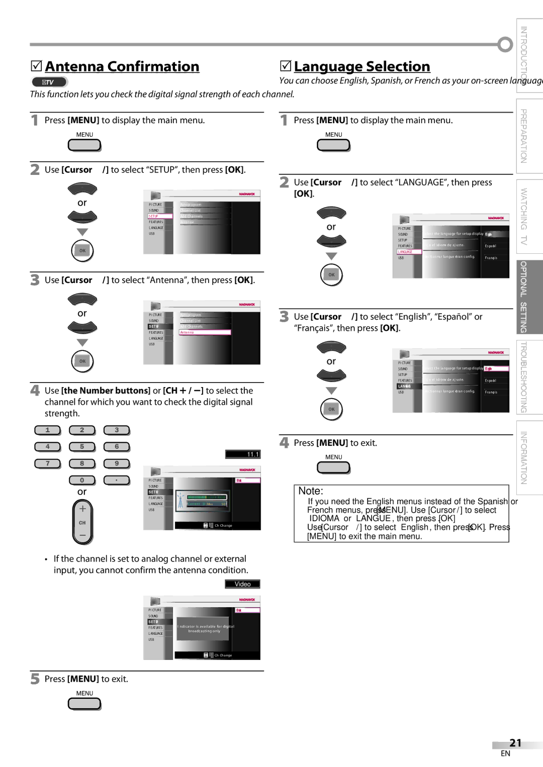 Magnavox 42MF439B user manual 5Antenna Confirmation, 5Language Selection, Use Cursor K/L to select Antenna, then press OK 