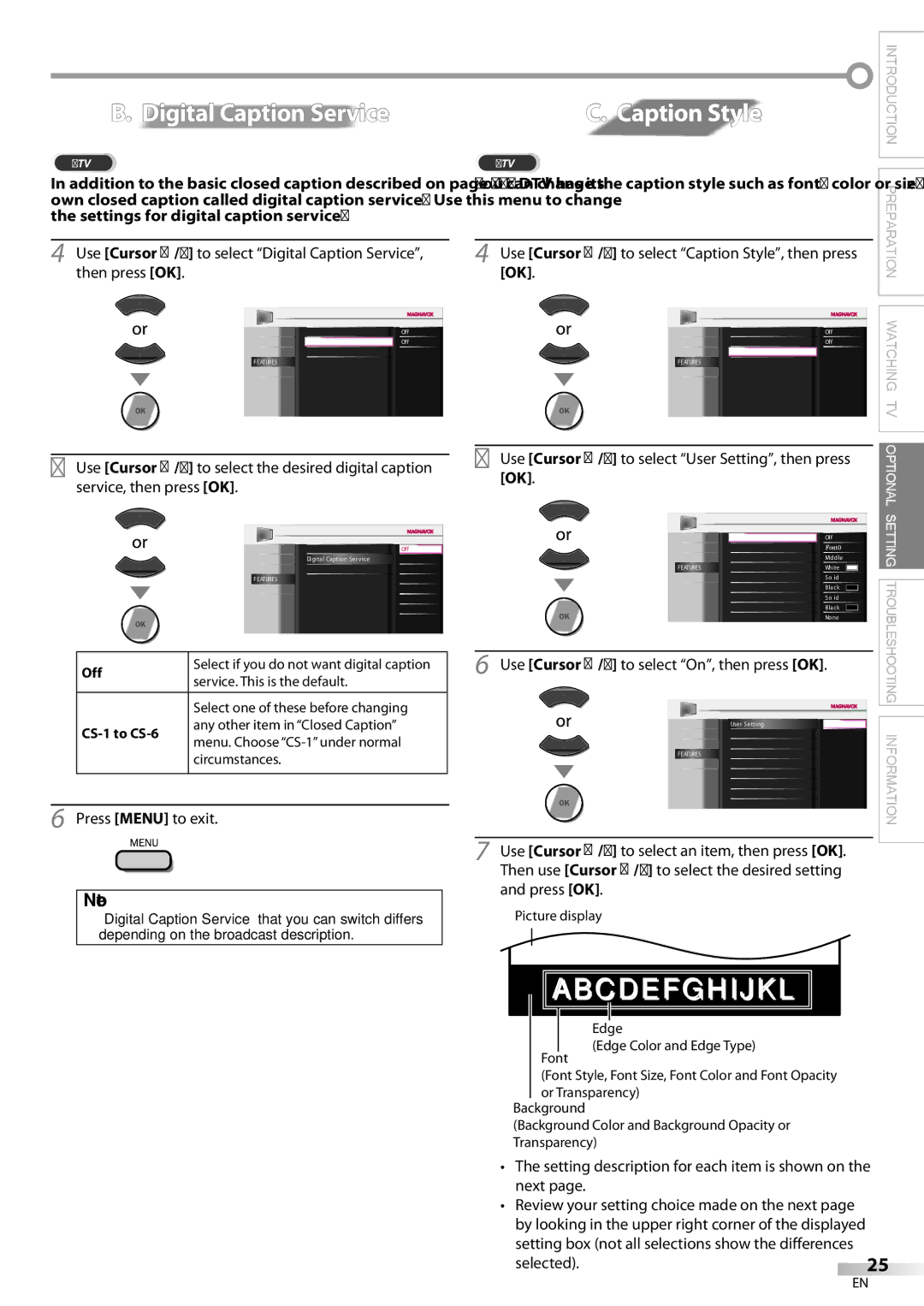 Magnavox 42MF439B Digital Caption Service, Caption Style, Setting description for each item is shown on the next 