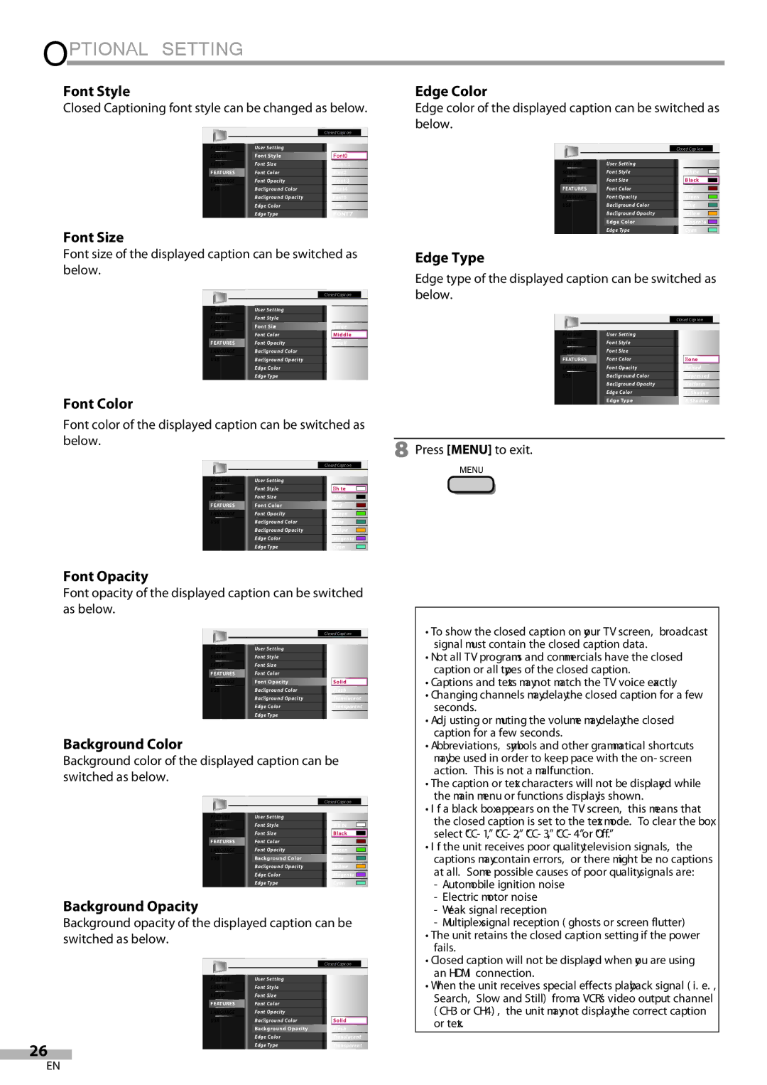 Magnavox 42MF439B user manual Font Style, Font Size Edge Color, Font Color, Edge Type, Font Opacity, Background Color 