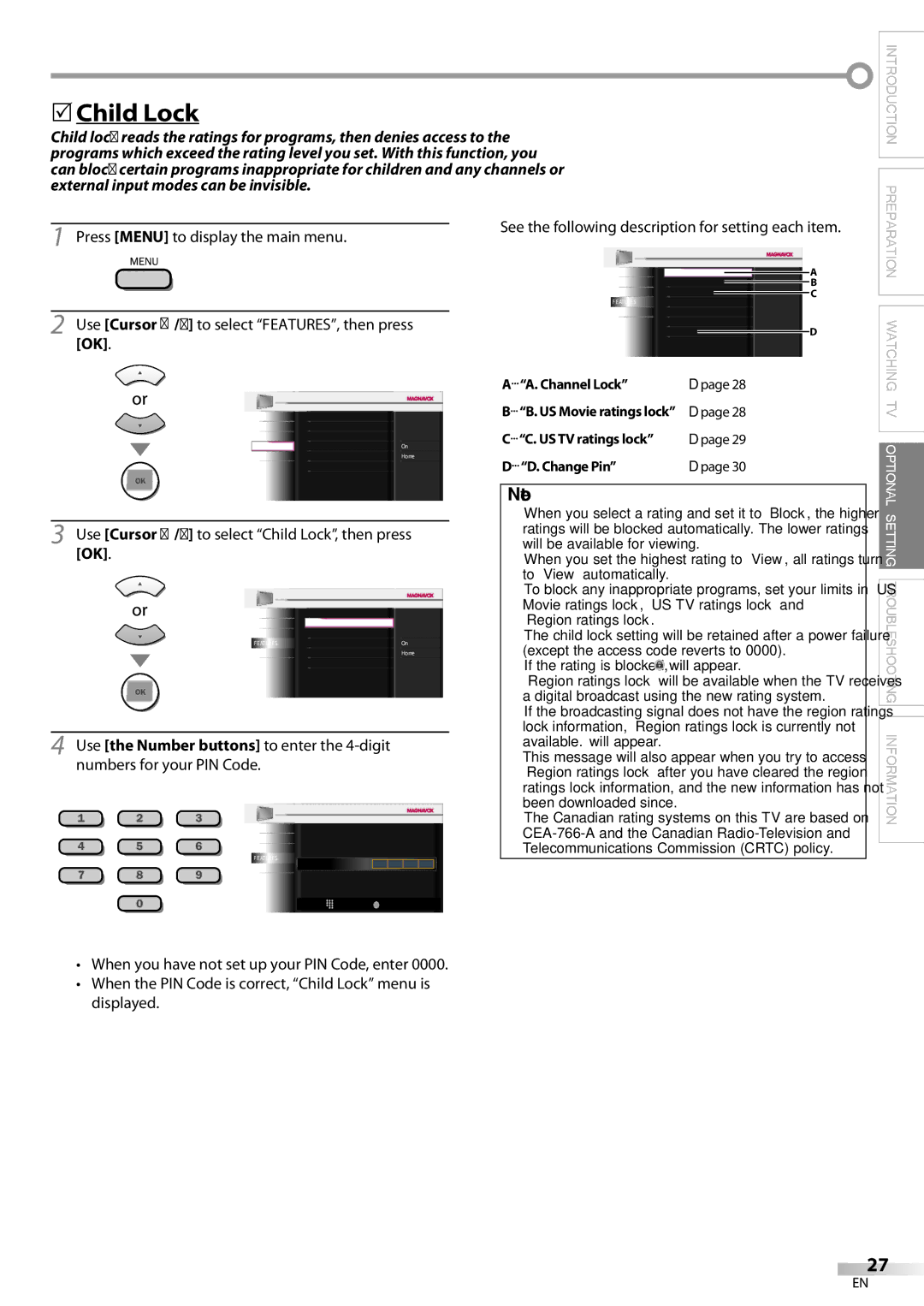 Magnavox 42MF439B user manual 5Child Lock, Use Cursor K/L to select Child Lock, then press OK, Channel Lock, Change Pin 