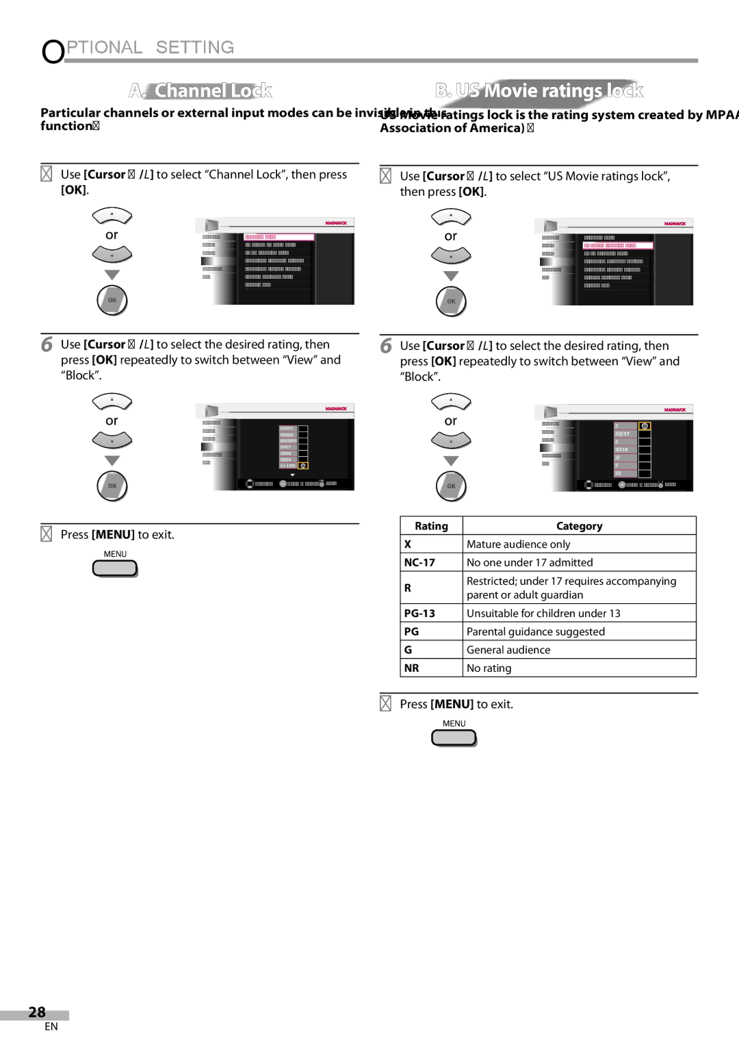 Magnavox 42MF439B user manual US Movie ratings lock, Use Cursor K/L to select Channel Lock, then press OK, NC-17, PG-13 