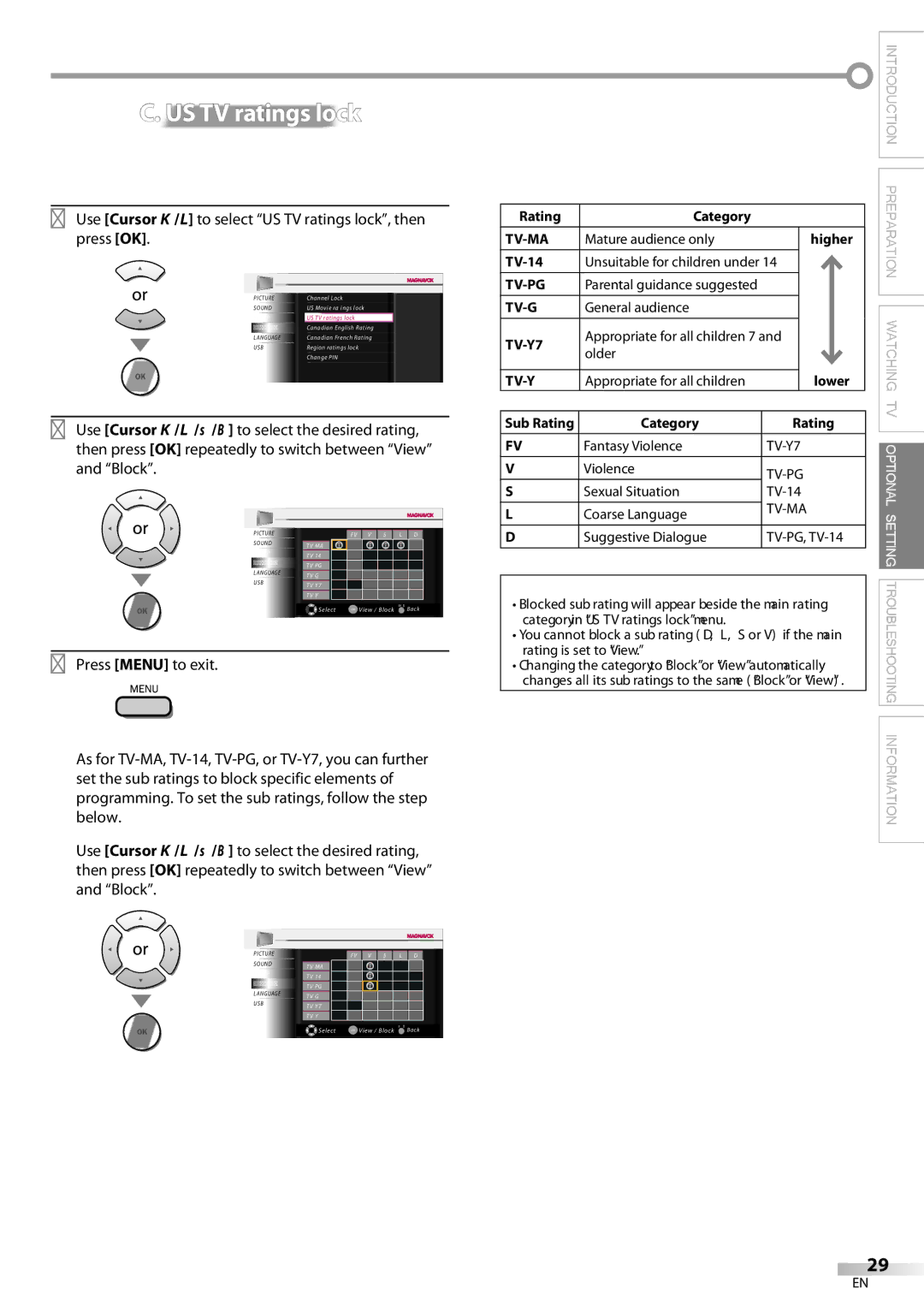 Magnavox 42MF439B user manual To set the sub ratings, Use Cursor K/L to select US TV ratings lock, then press OK 