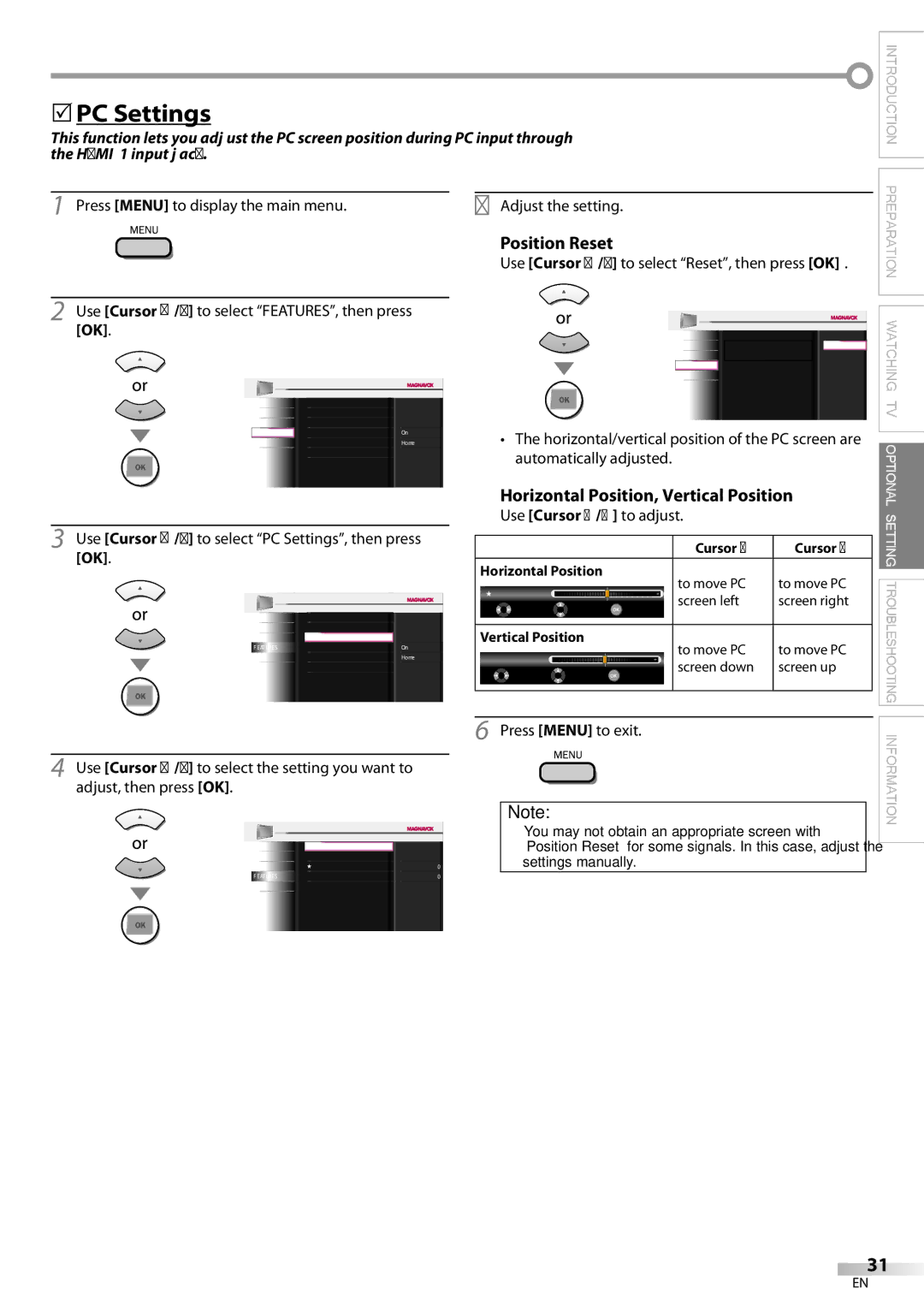 Magnavox 42MF439B user manual 5PC Settings, Position Reset, Horizontal Position, Vertical Position 