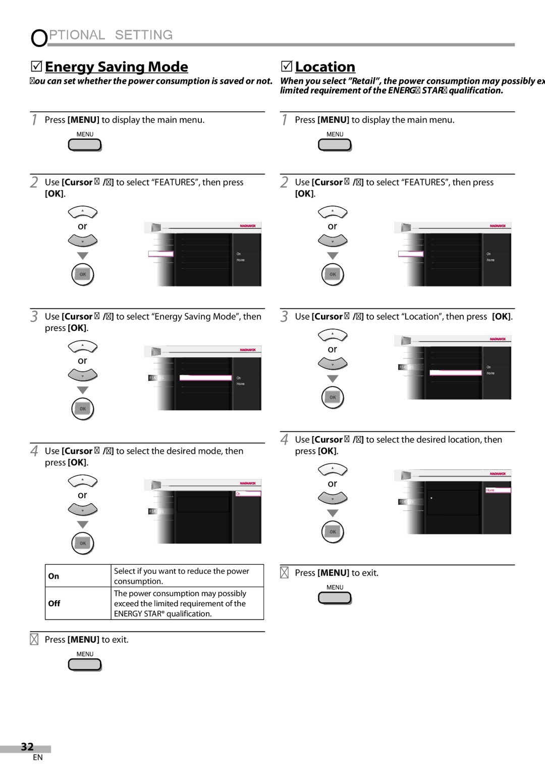 Magnavox 42MF439B user manual 5Energy Saving Mode, Location, Use Cursor K/L to select Energy Saving Mode, then press OK 