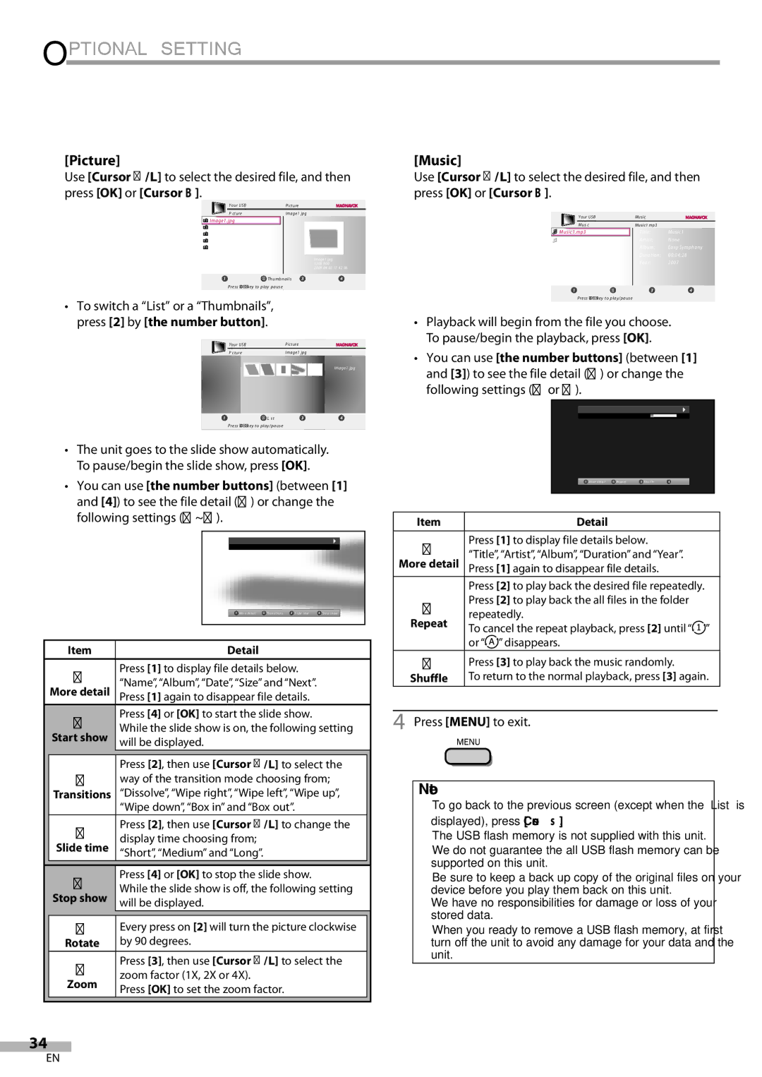 Magnavox 42MF439B user manual Picture, Music, You can use the number buttons between, Detail, Shuffle 