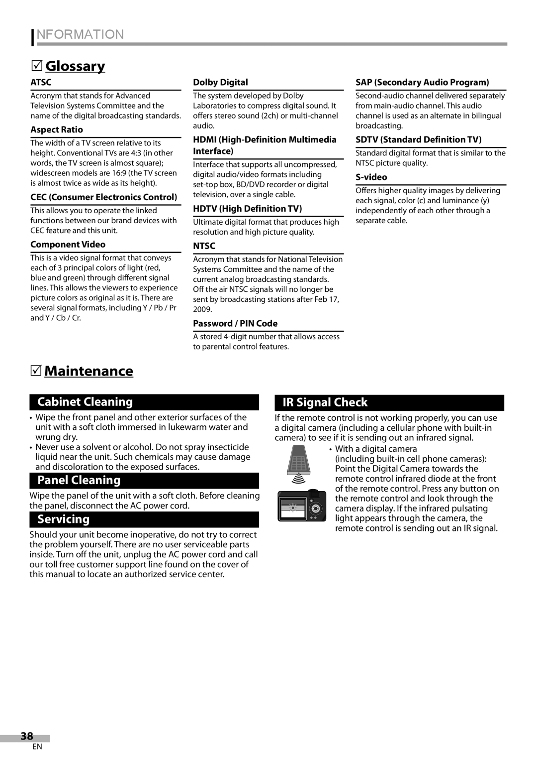 Magnavox 42MF439B user manual Information, Glossary, Maintenance, Ntsc 