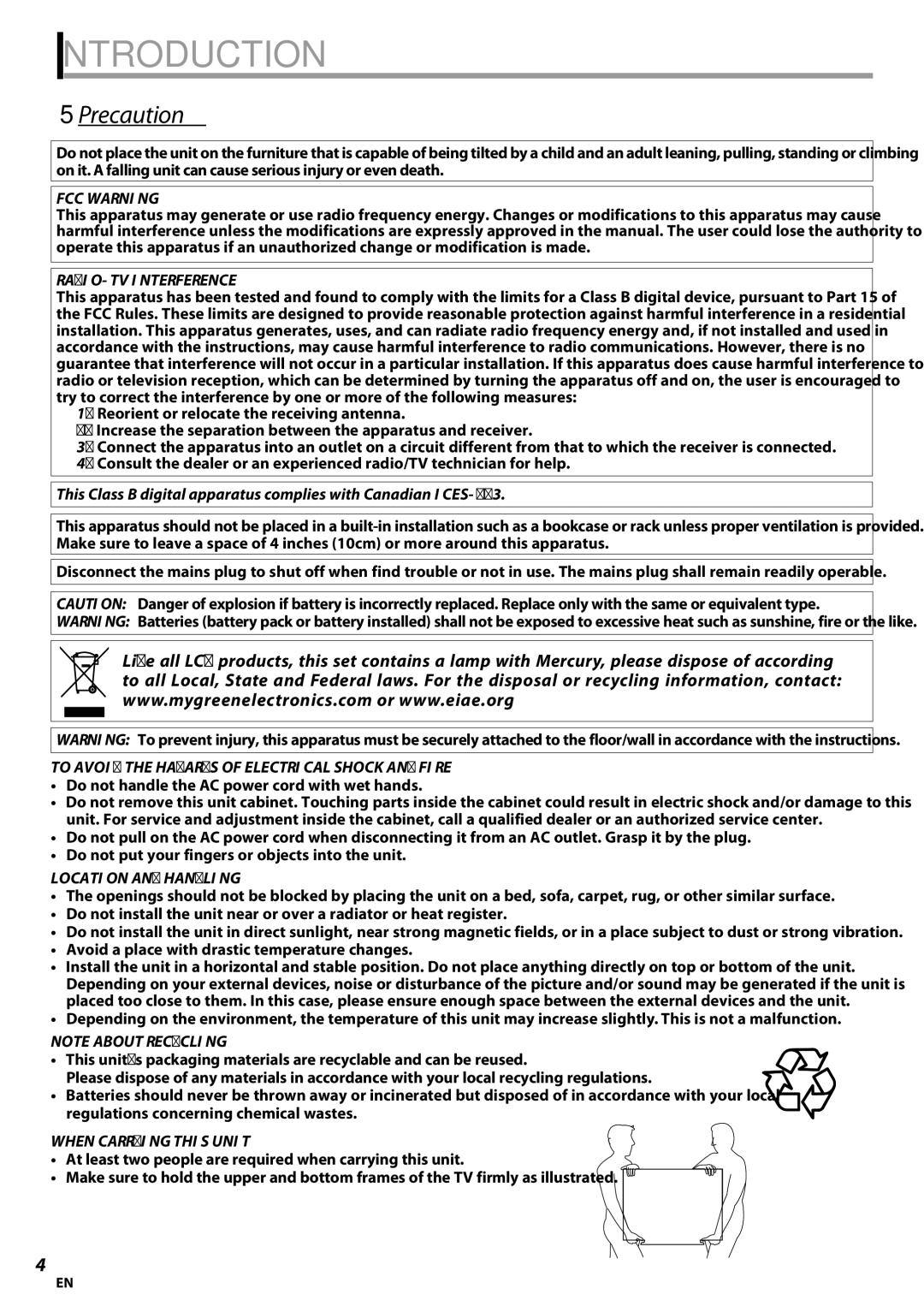 Magnavox 42MF439B user manual Introduction, Precaution 