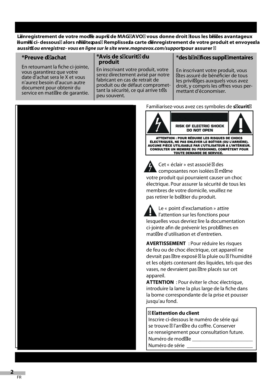 Magnavox 42MF439B user manual Des bénéfices supplémentaires, Cher propriétaire d’un produit Magnavox, ’attention du client 