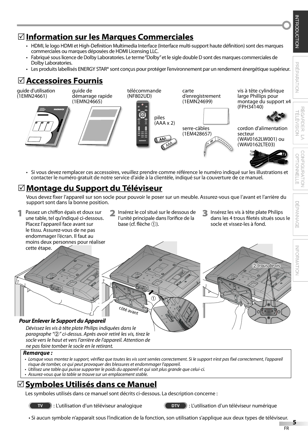 Magnavox 42MF439B 5Information sur les Marques Commerciales, 5Accessoires Fournis, 5Montage du Support du Téléviseur 