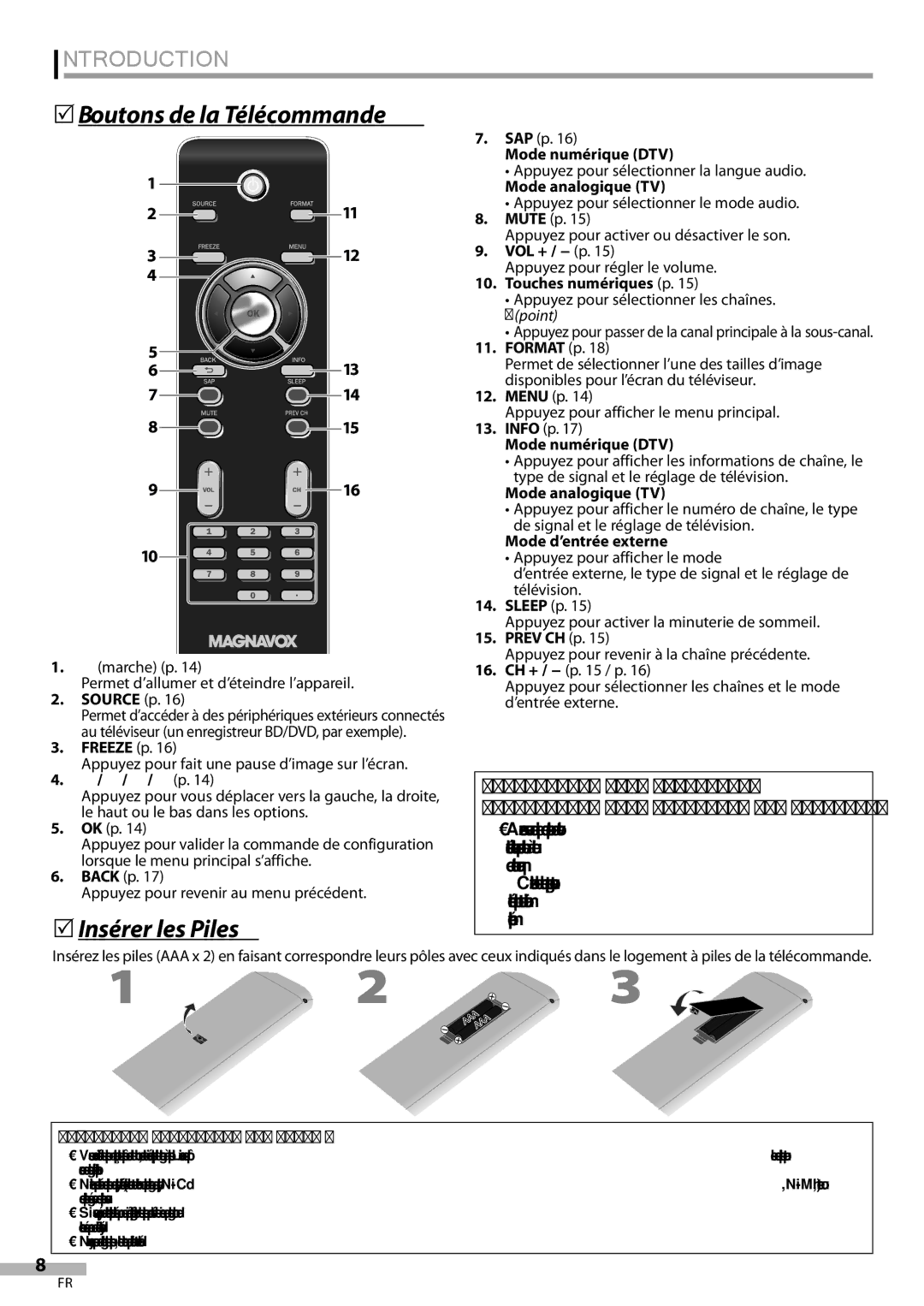 Magnavox 42MF439B user manual 5Boutons de la Télécommande, 5Insérer les Piles, Précautions Concernant les Piles 