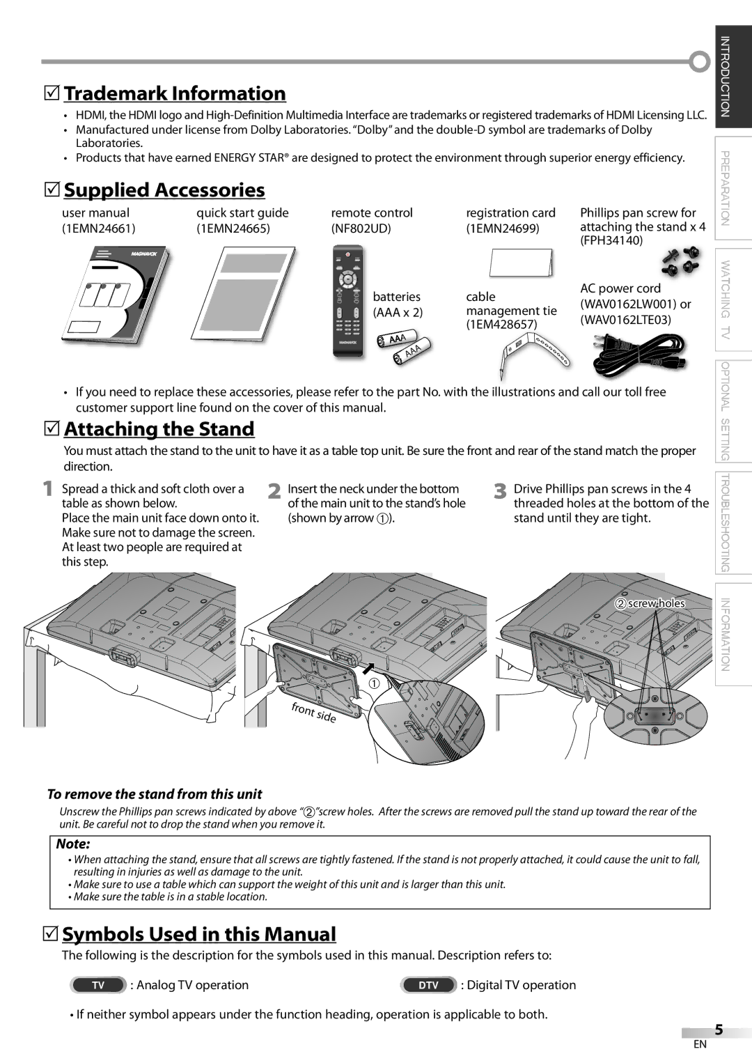 Magnavox 42MF439B 5Trademark Information, 5Supplied Accessories, 5Attaching the Stand, 5Symbols Used in this Manual 