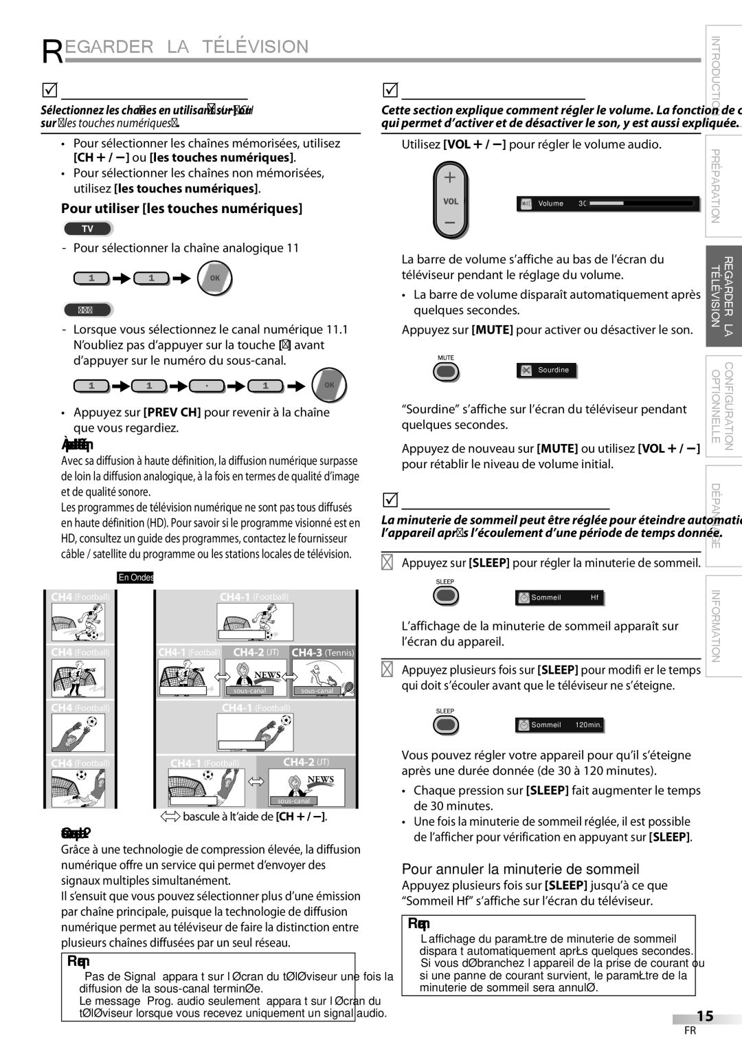 Magnavox 42MF439B user manual 5Sélection de Chaîne, 5Réglage du Volume, 5Minuterie de Sommeil 