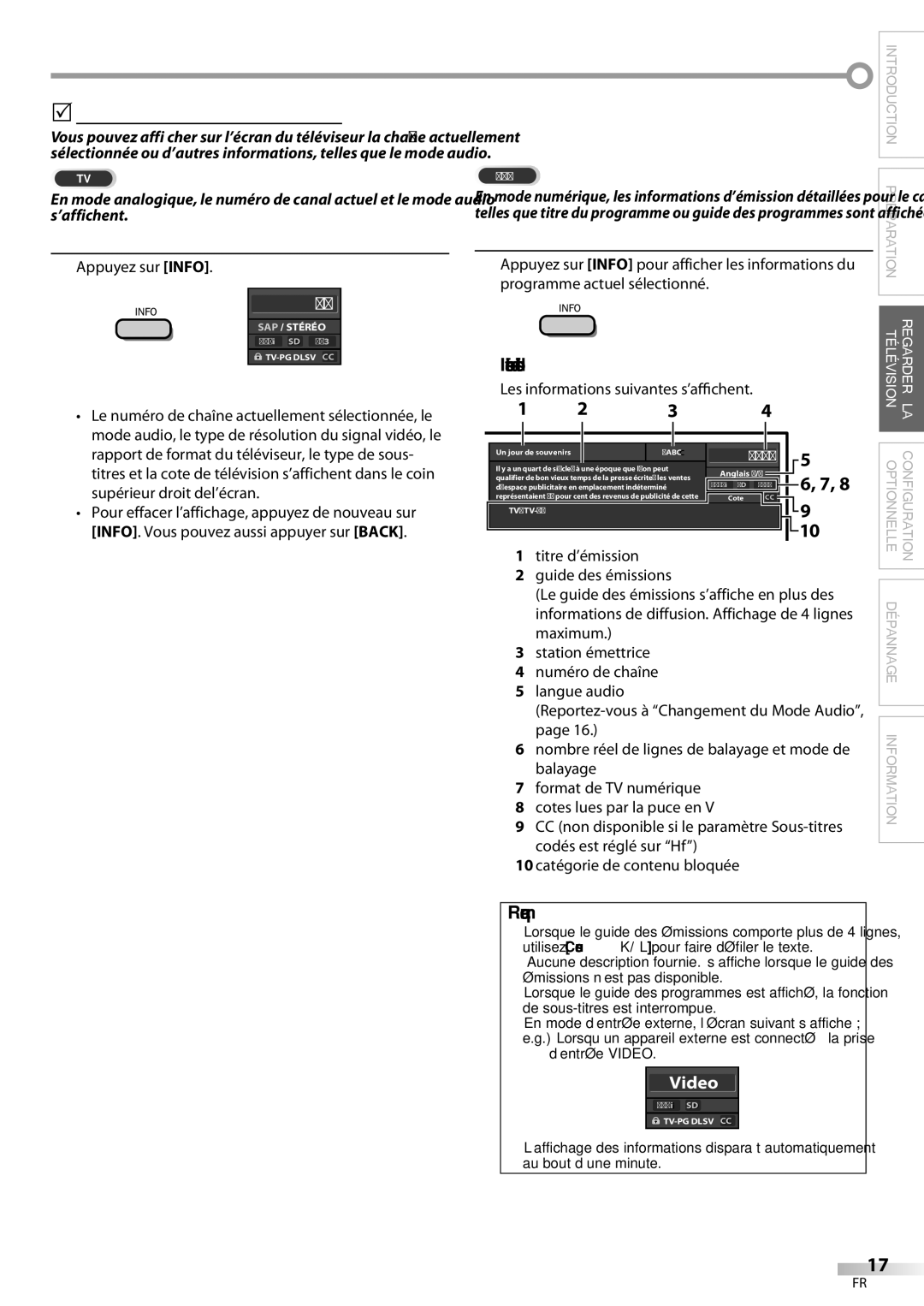 Magnavox 42MF439B user manual 5Informations sur Écran, Appuyez sur Info, Nombre réel de lignes de balayage et mode de 