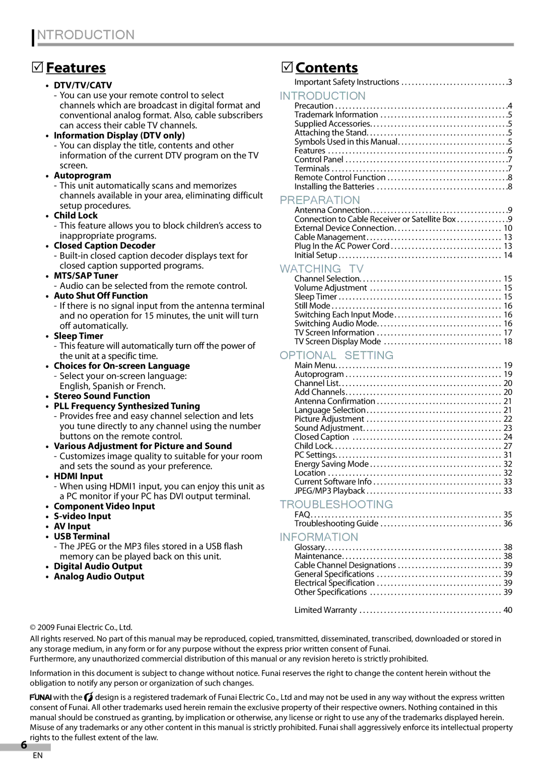 Magnavox 42MF439B user manual Features, Contents, Dtv/Tv/Catv 