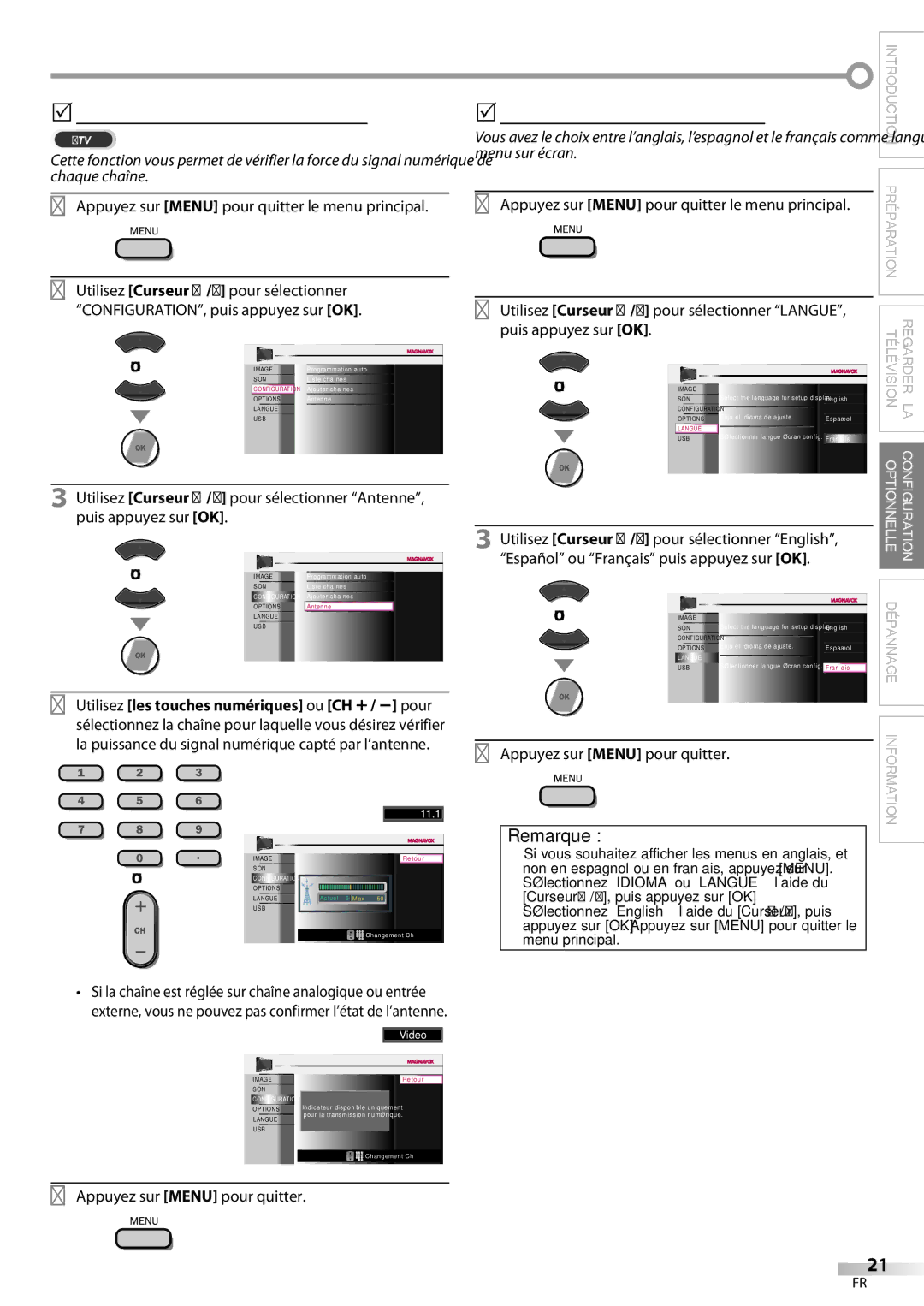 Magnavox 42MF439B user manual 5Vérification de l’Antenne, 5Sélection de la Langue, Menu sur écran, Puis appuyez sur OK 