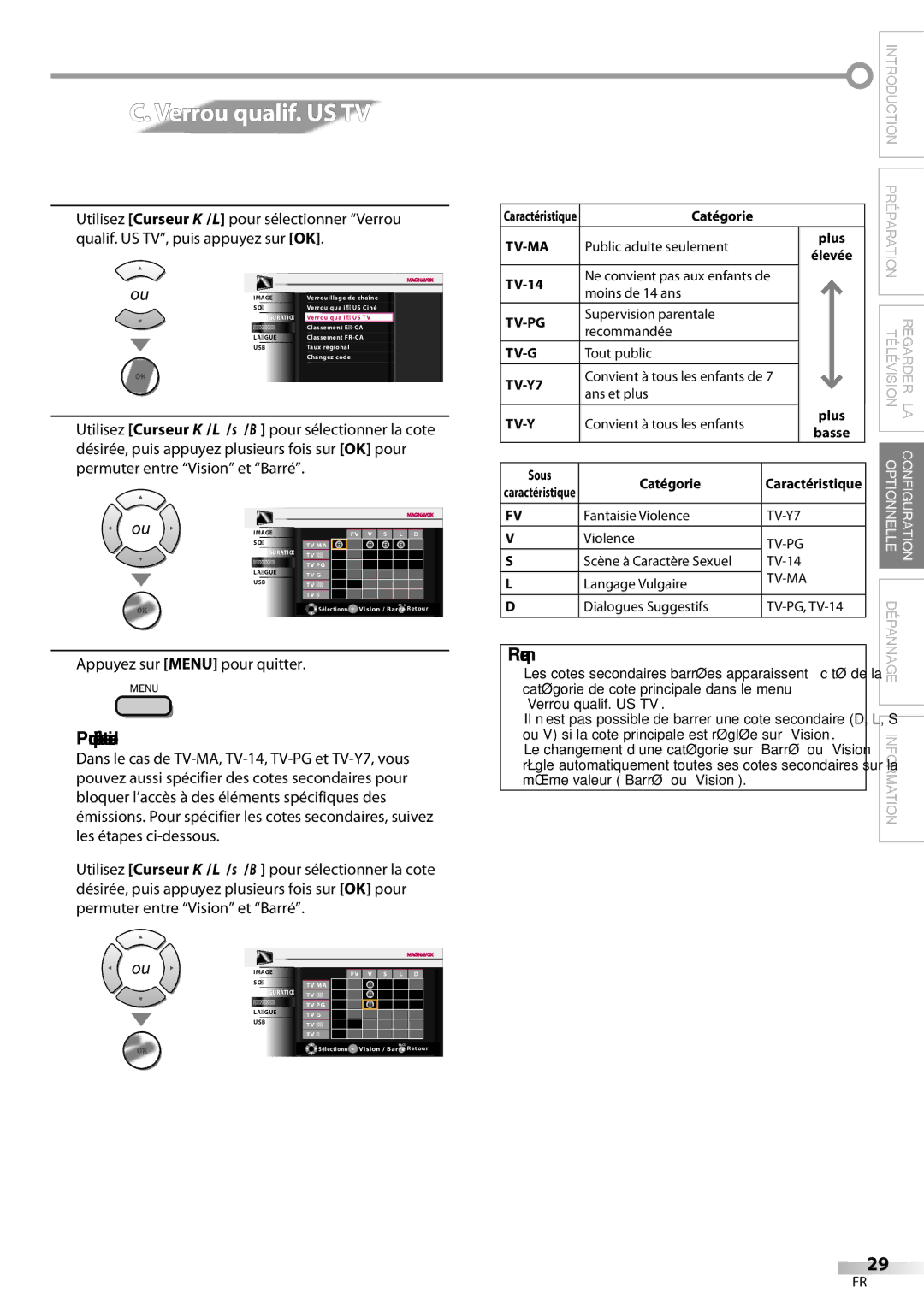 Magnavox 42MF439B user manual Verrou qualif. US TV, Pour spécifier les cotes secondaires, Sous Catégorie 