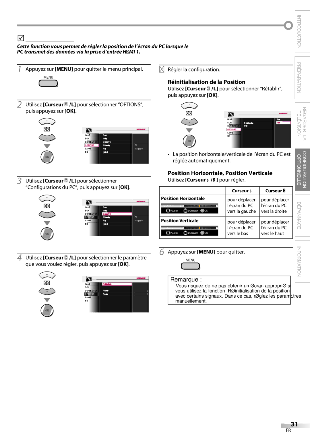 Magnavox 42MF439B user manual 5Réglages PC, Réinitialisation de la Position, Position Horizontale, Position Verticale 