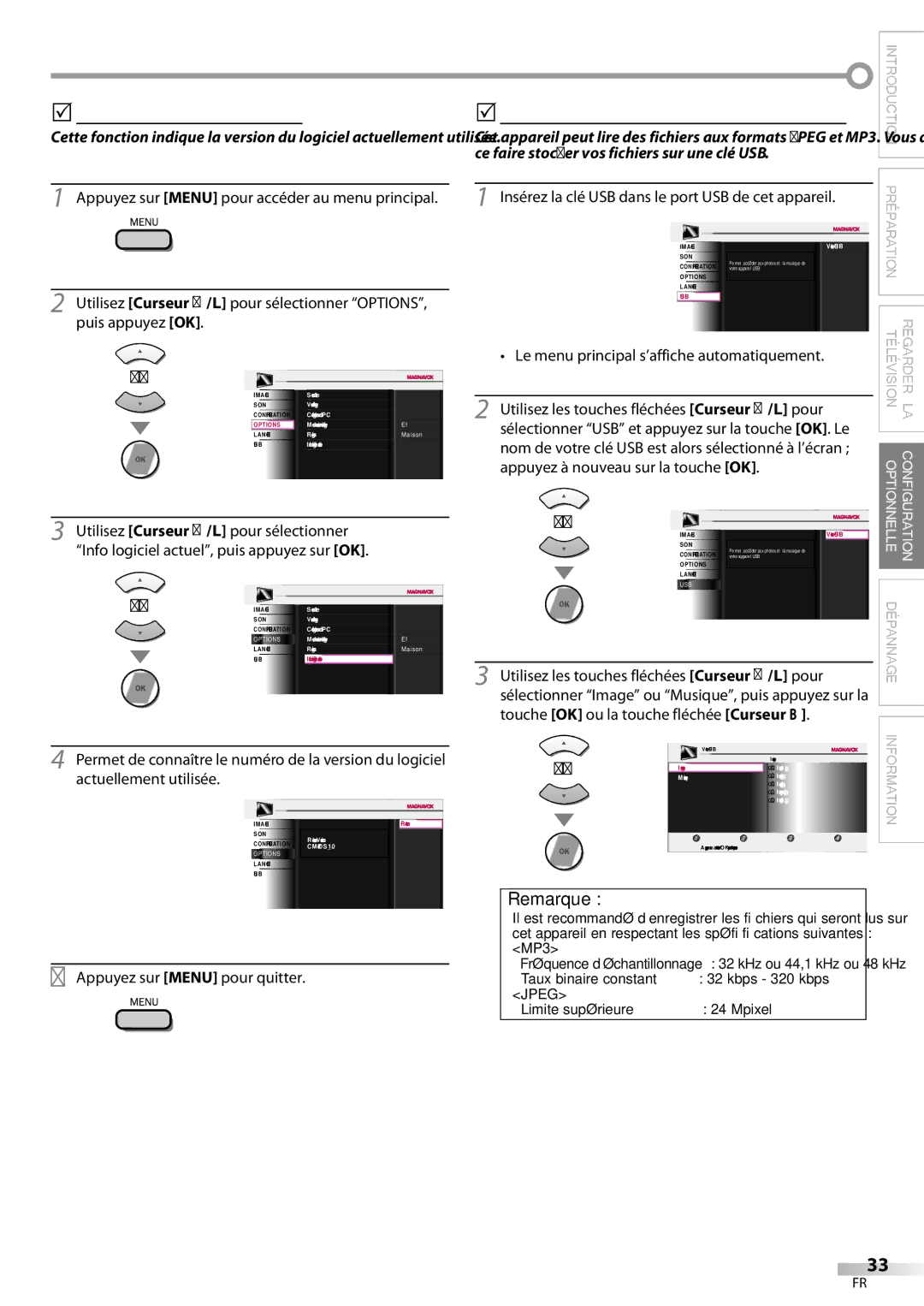 Magnavox 42MF439B user manual 5Info Logiciel Actuel, Insérez la clé USB dans le port USB de cet appareil, Pour 