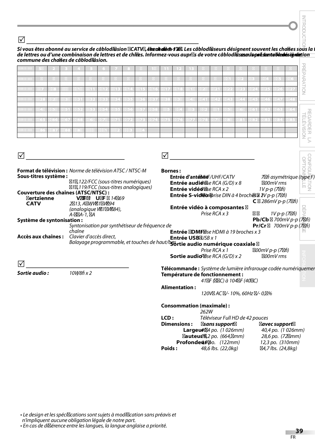 Magnavox 42MF439B user manual 5Désignation des Chaînes de Câblodiffusion, 5Spécifications Générales, 5Autres Spécifications 