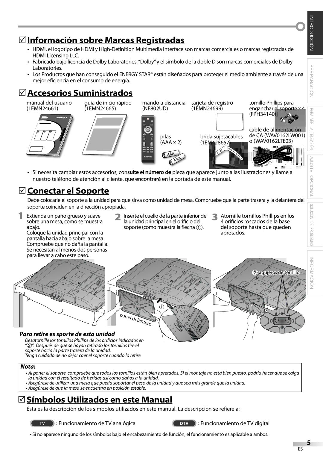 Magnavox 42MF439B user manual 5Información sobre Marcas Registradas, 5Accesorios Suministrados, 5Conectar el Soporte 