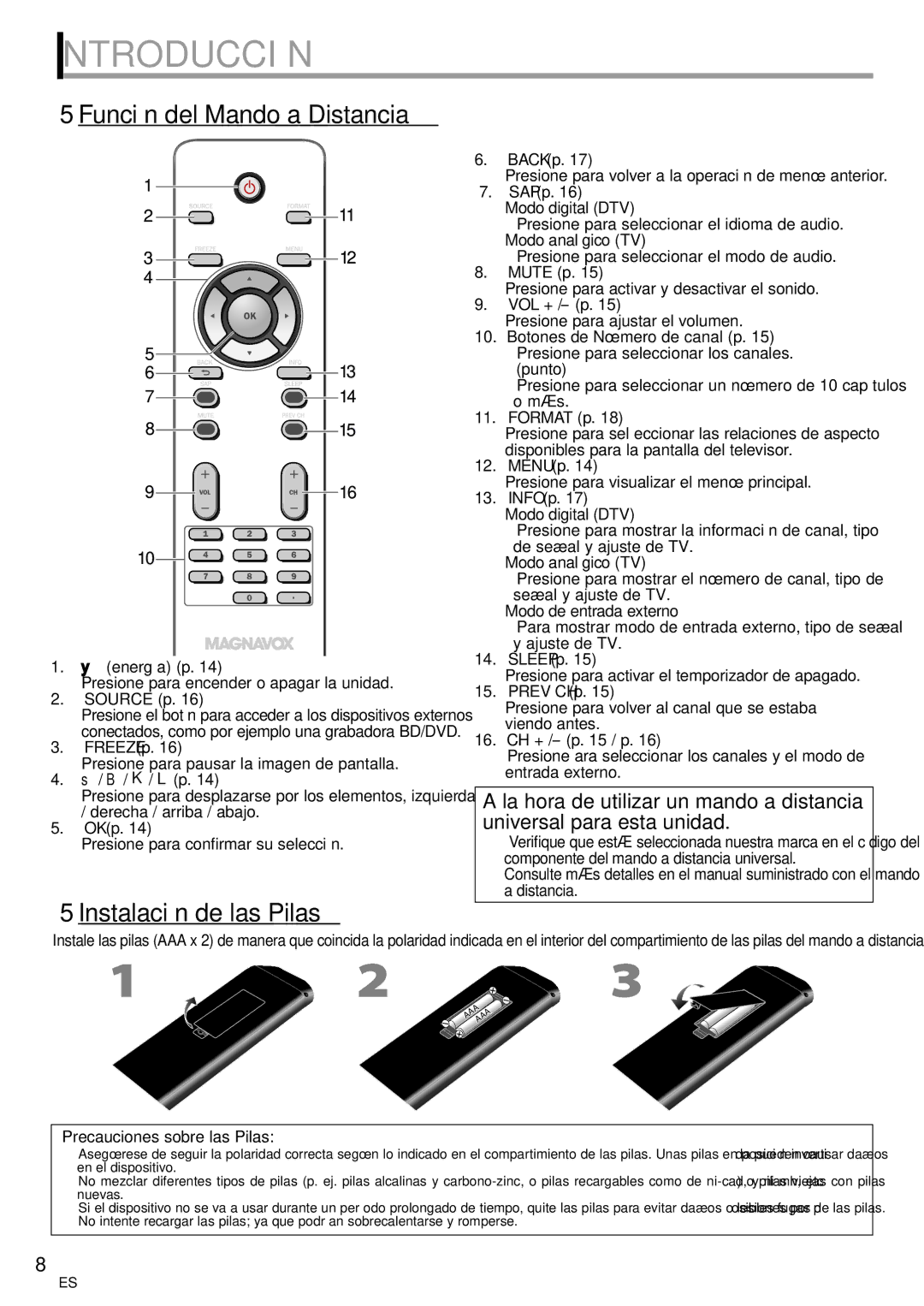 Magnavox 42MF439B user manual 5Función del Mando a Distancia, 5Instalación de las Pilas 