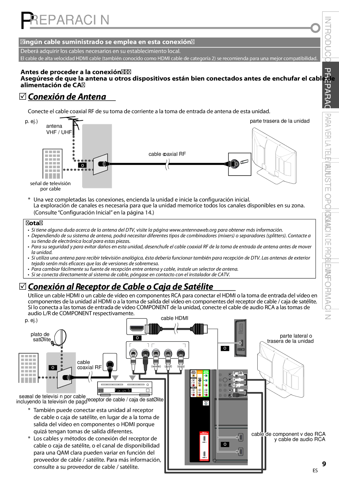 Magnavox 42MF439B user manual Preparación, 5Conexión de Antena, 5Conexión al Receptor de Cable o Caja de Satélite 