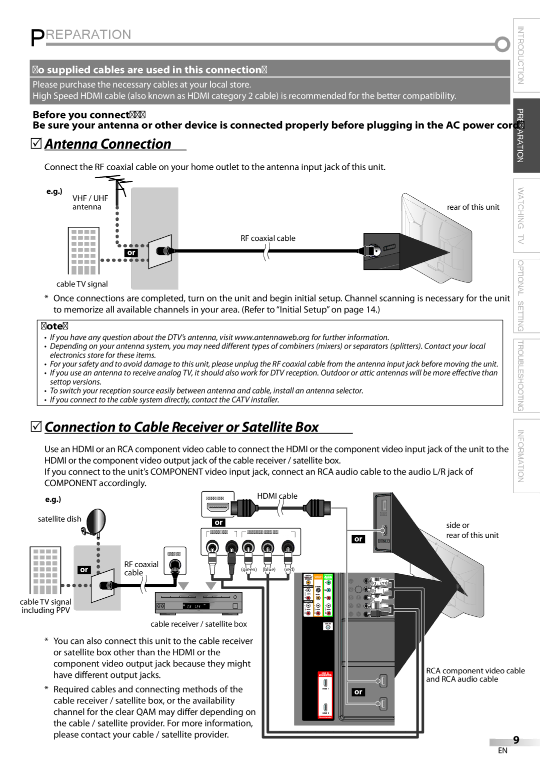 Magnavox 42MF439B Preparation, 5Antenna Connection, 5Connection to Cable Receiver or Satellite Box, Before you connect 