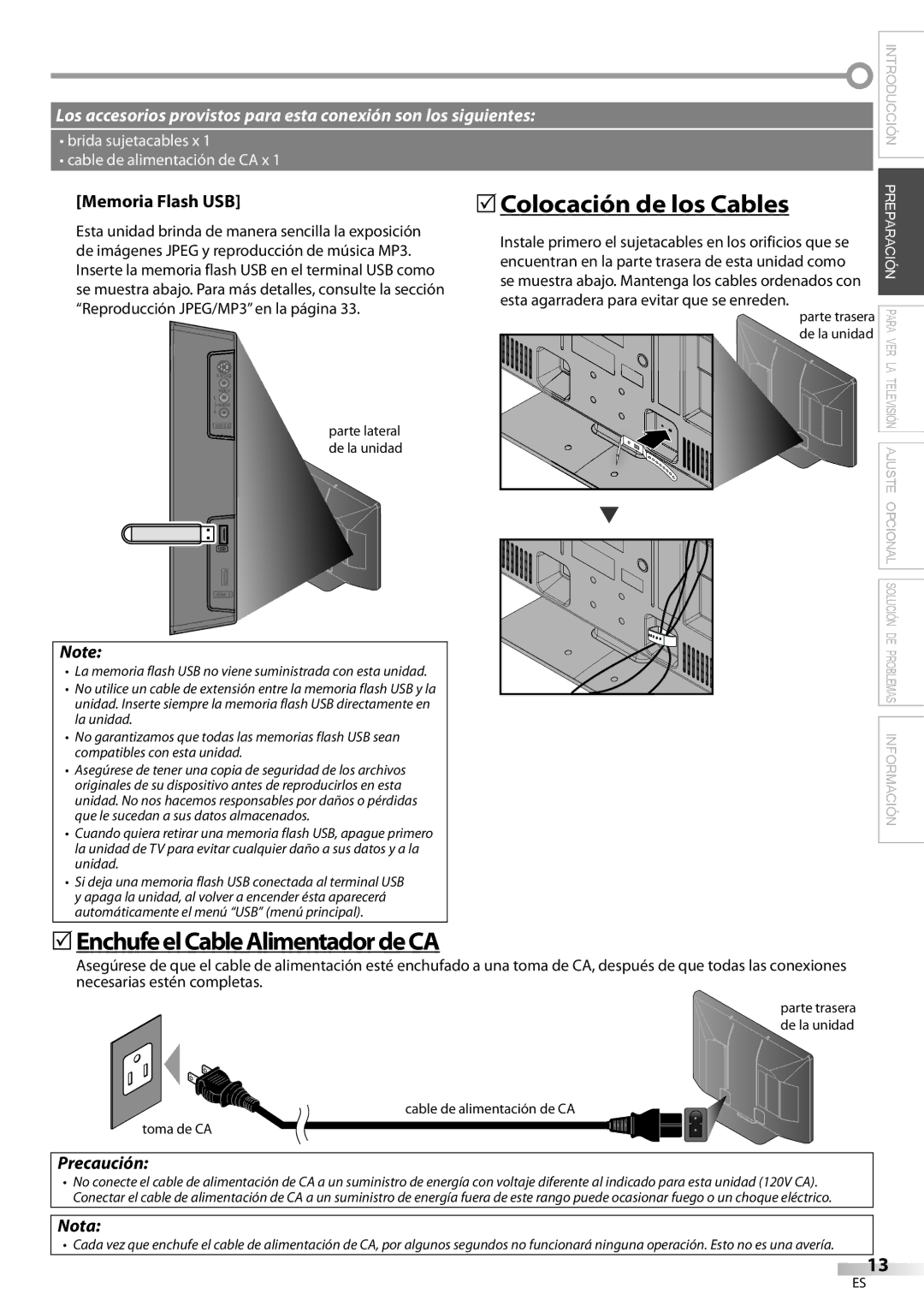 Magnavox 42MF439B user manual 5Colocación de los Cables, 5EnchufeelCableAlimentadordeCA, Memoria Flash USB, Precaución 