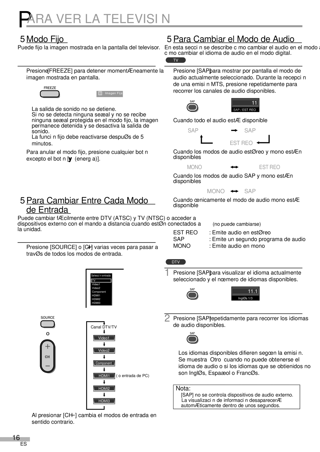 Magnavox 42MF439B user manual 5Modo Fijo, 5Para Cambiar Entre Cada Modo de Entrada, 5Para Cambiar el Modo de Audio, Estéreo 