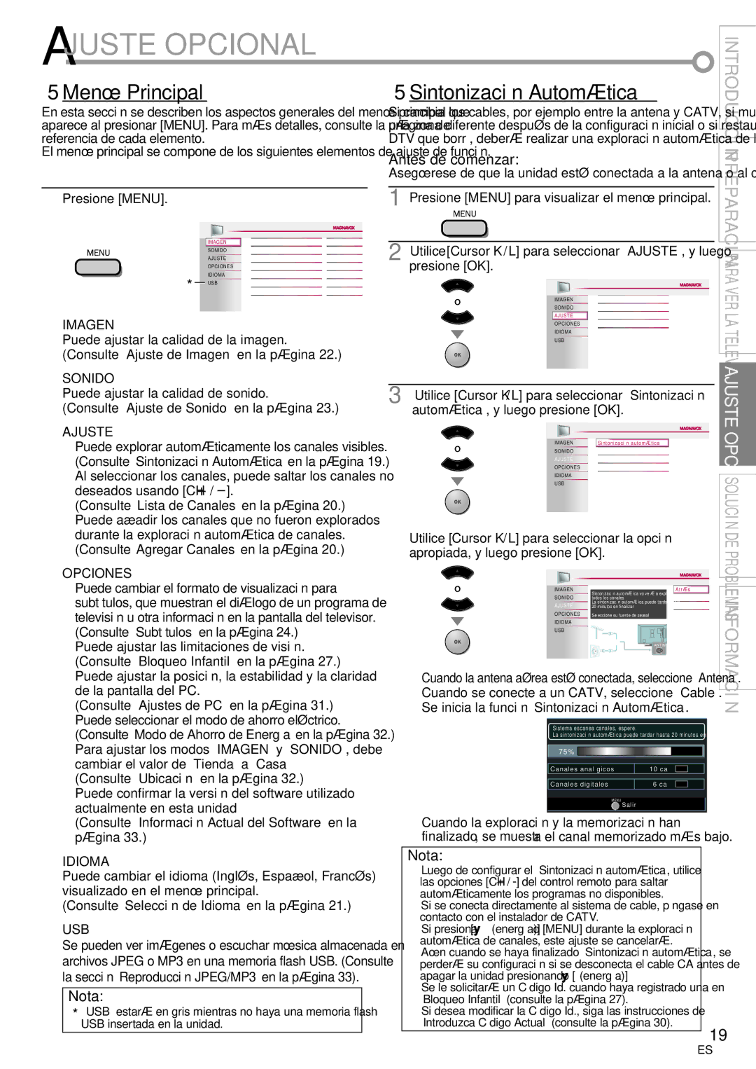 Magnavox 42MF439B user manual Ajuste Opcional, 5Menú Principal, 5Sintonización Automática 
