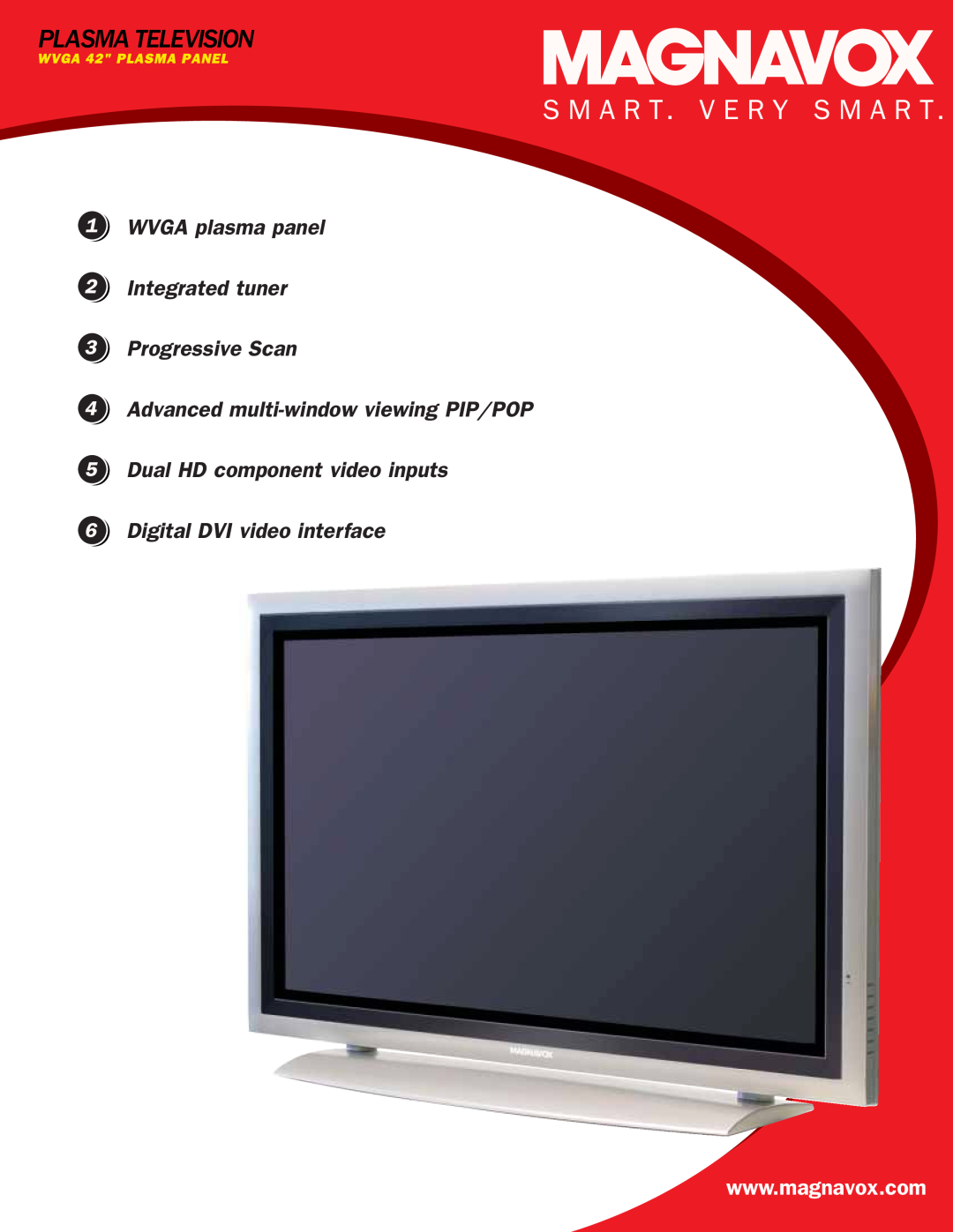 Magnavox 42MF7000/17 manual WVGA plasma panel Integrated tuner Progressive Scan, Digital DVI video interface 