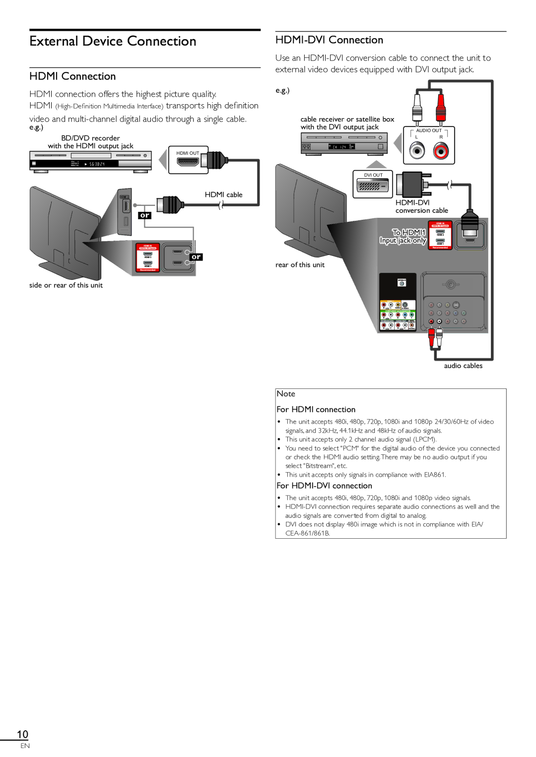 Magnavox 46MF401B External Device Connection, Hdmi connection offers the highest picture quality, For Hdmi connection 