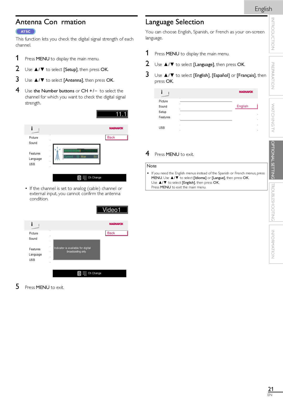 Magnavox 46MF401B owner manual Antenna Conﬁrmation, Language Selection, Use / to select Language, then press OK 