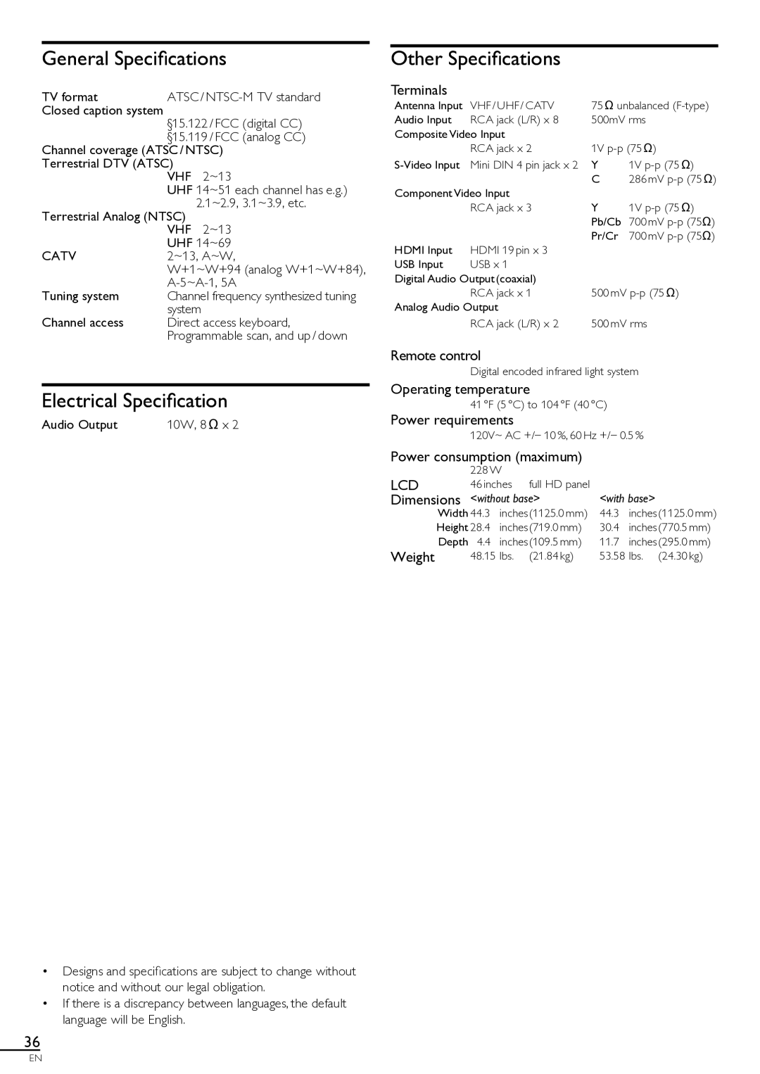 Magnavox 46MF401B owner manual General Speciﬁcations, Electrical Speciﬁcation, Other Speciﬁcations 