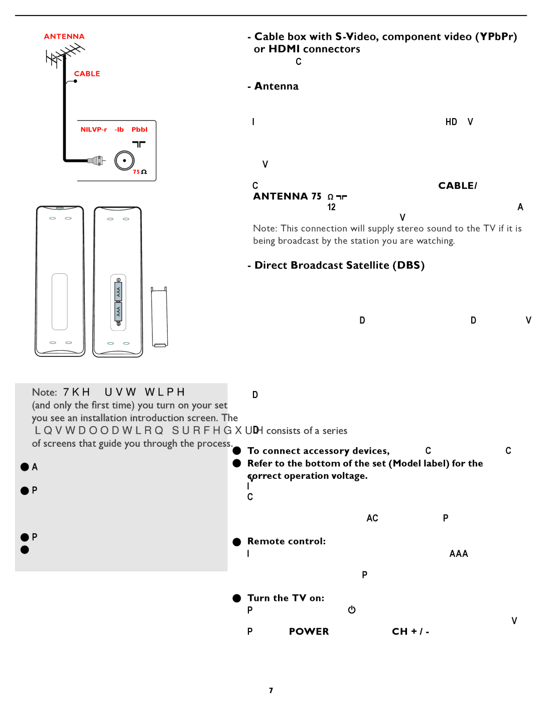 Magnavox 47MF437B user manual Antenna, Direct Broadcast Satellite DBS, Remote control, Turn the TV on 