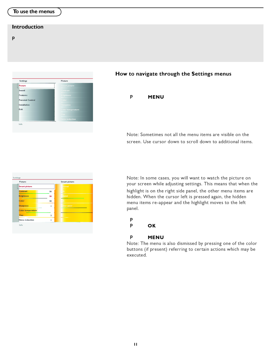 Magnavox 47MF437B user manual To use the menus Introduction, How to navigate through the Settings menus 