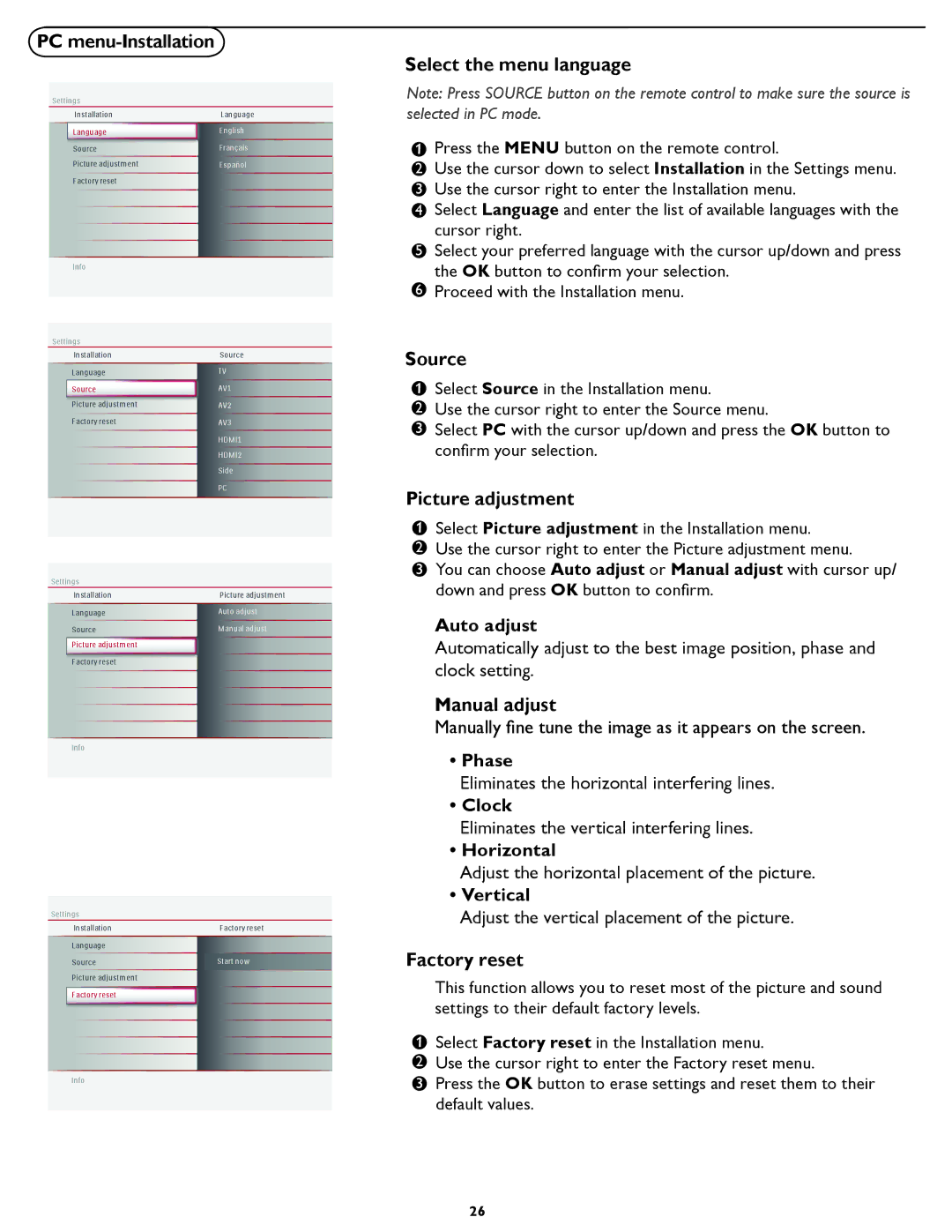 Magnavox 47MF437B PC menu-Installation Select the menu language, Picture adjustment, Manual adjust, Factory reset 