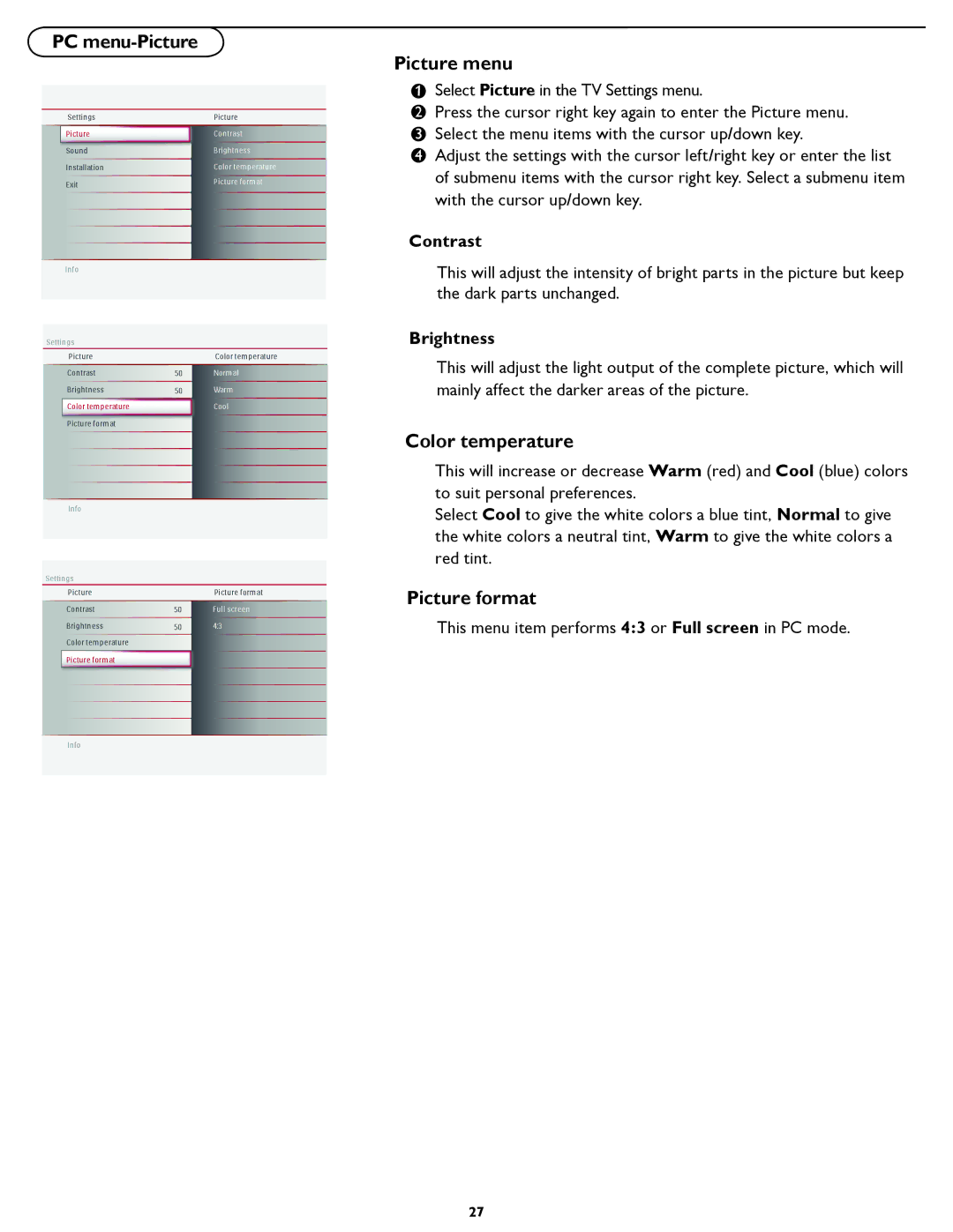 Magnavox 47MF437B user manual PC menu-Picture Picture menu, Color temperature, Picture format 