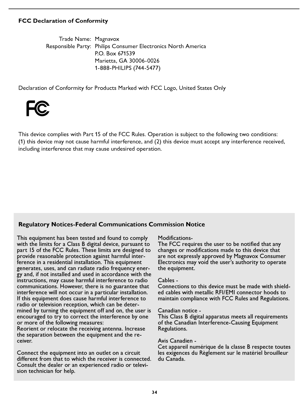 Magnavox 47MF437B user manual FCC Declaration of Conformity, Regulatory Notices-Federal Communications Commission Notice 