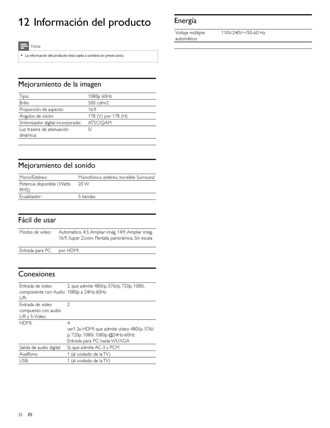 Magnavox 47MF439B user manual Información del producto 