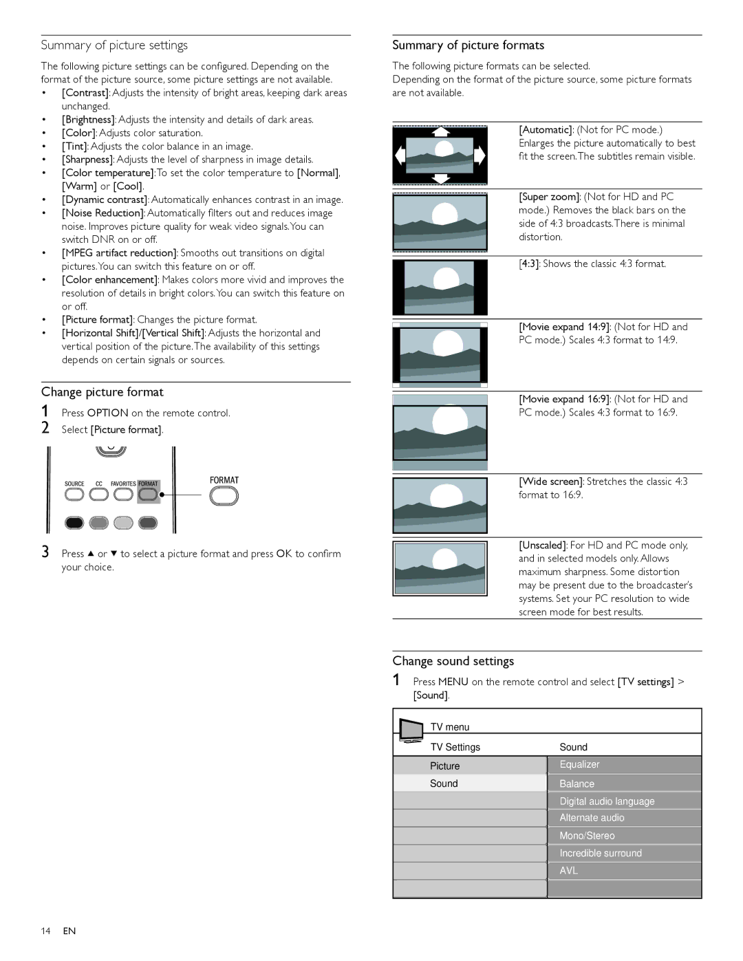 Magnavox 47MF439B Summary of picture settings, Change picture format, Summary of picture formats, Change sound settings 