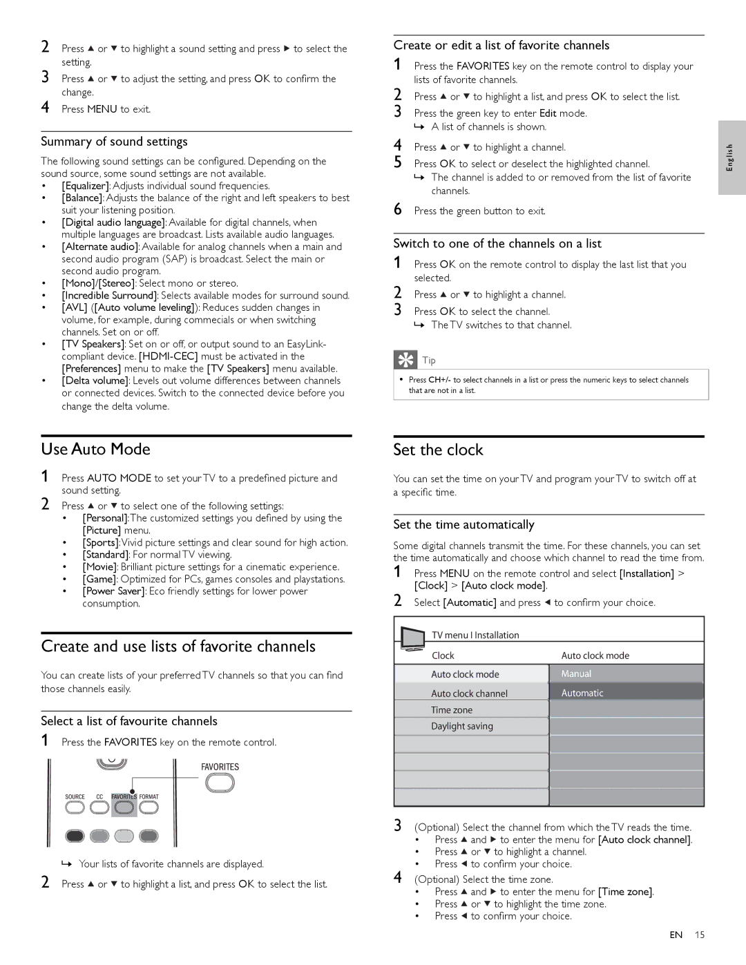 Magnavox 47MF439B user manual Use Auto Mode, Create and use lists of favorite channels, Set the clock 