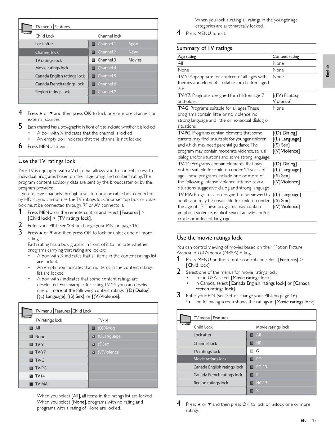 Magnavox 47MF439B user manual Use the TV ratings lock, Summary of TV ratings, Use the movie ratings lock 