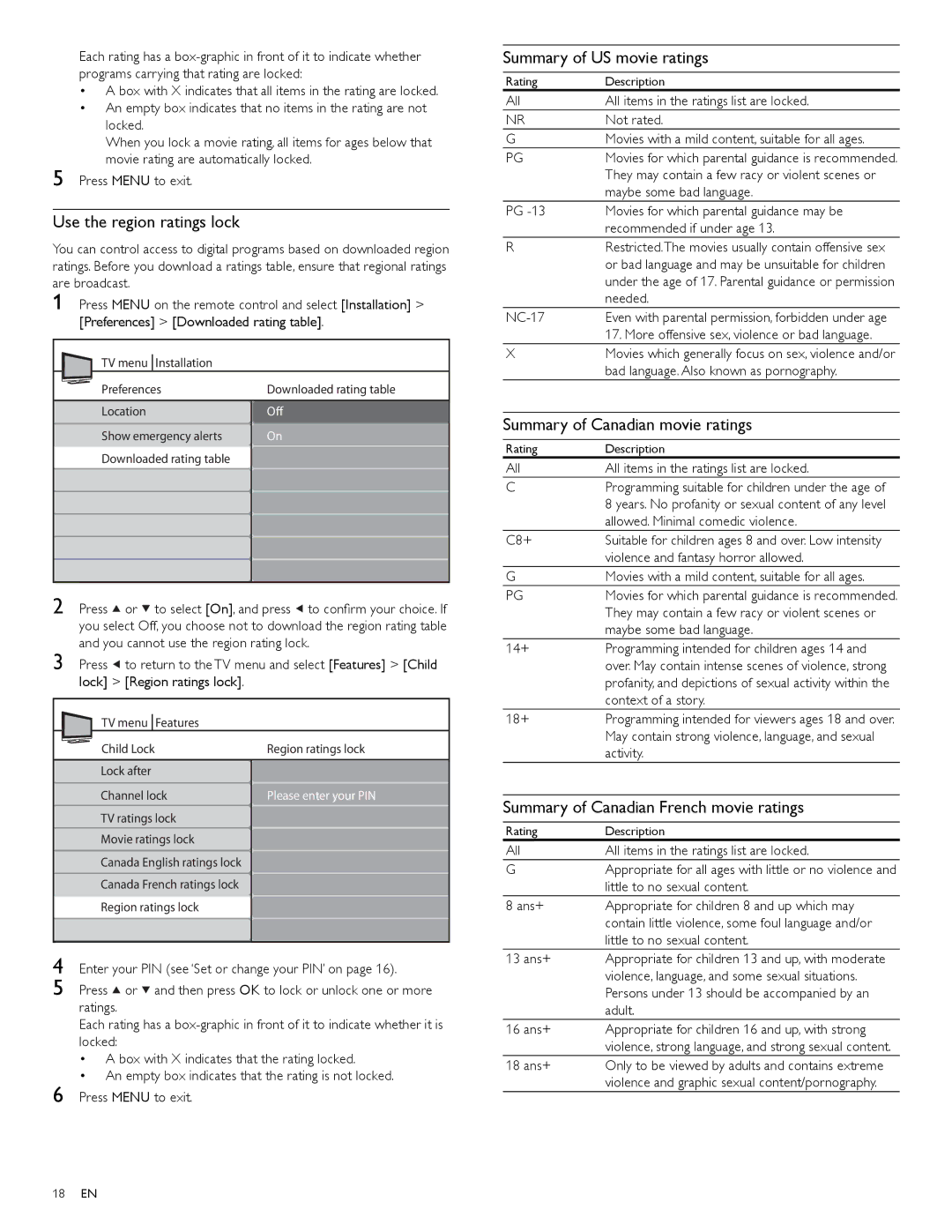 Magnavox 47MF439B user manual Use the region ratings lock, Summary of US movie ratings, Summary of Canadian movie ratings 