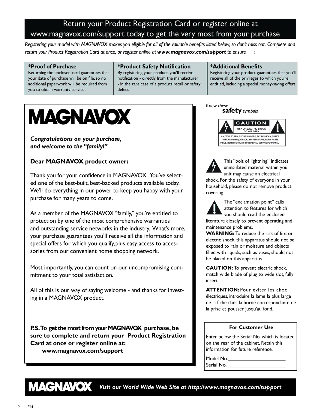 Magnavox 47MF439B user manual By registering your product, youll receive, You to obtain warranty service Defect 