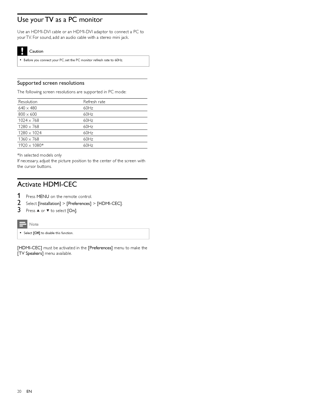 Magnavox 47MF439B user manual Use your TV as a PC monitor, Activate HDMI-CEC, Supported screen resolutions 