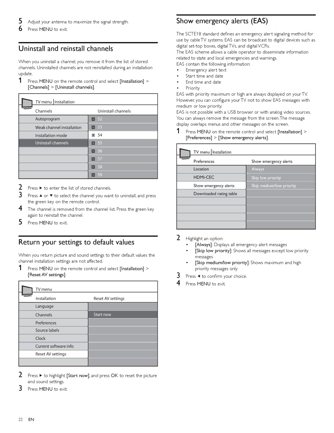 Magnavox 47MF439B Uninstall and reinstall channels, Return your settings to default values, Show emergency alerts EAS 