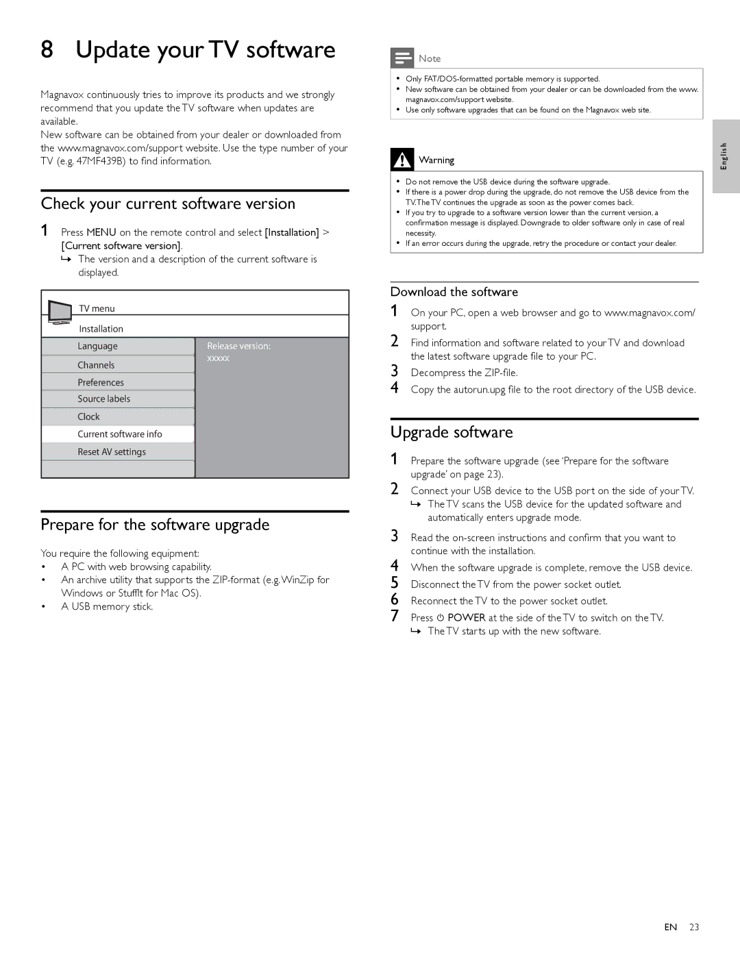 Magnavox 47MF439B Update your TV software, Check your current software version, Prepare for the software upgrade 