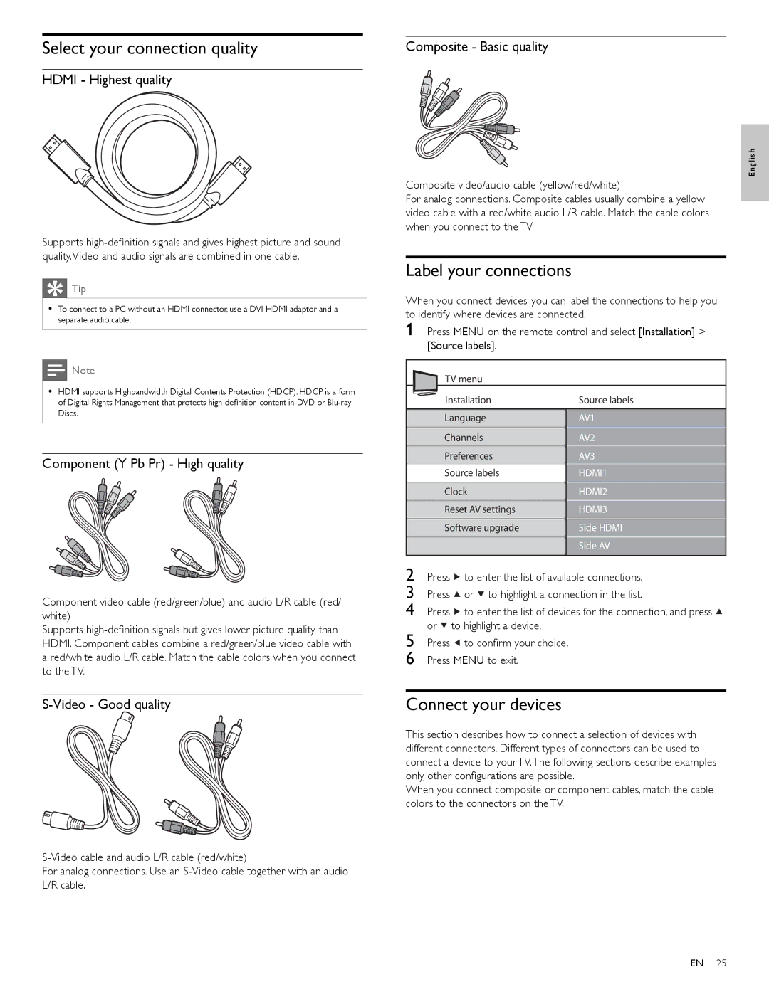 Magnavox 47MF439B user manual Select your connection quality, Label your connections, Connect your devices 