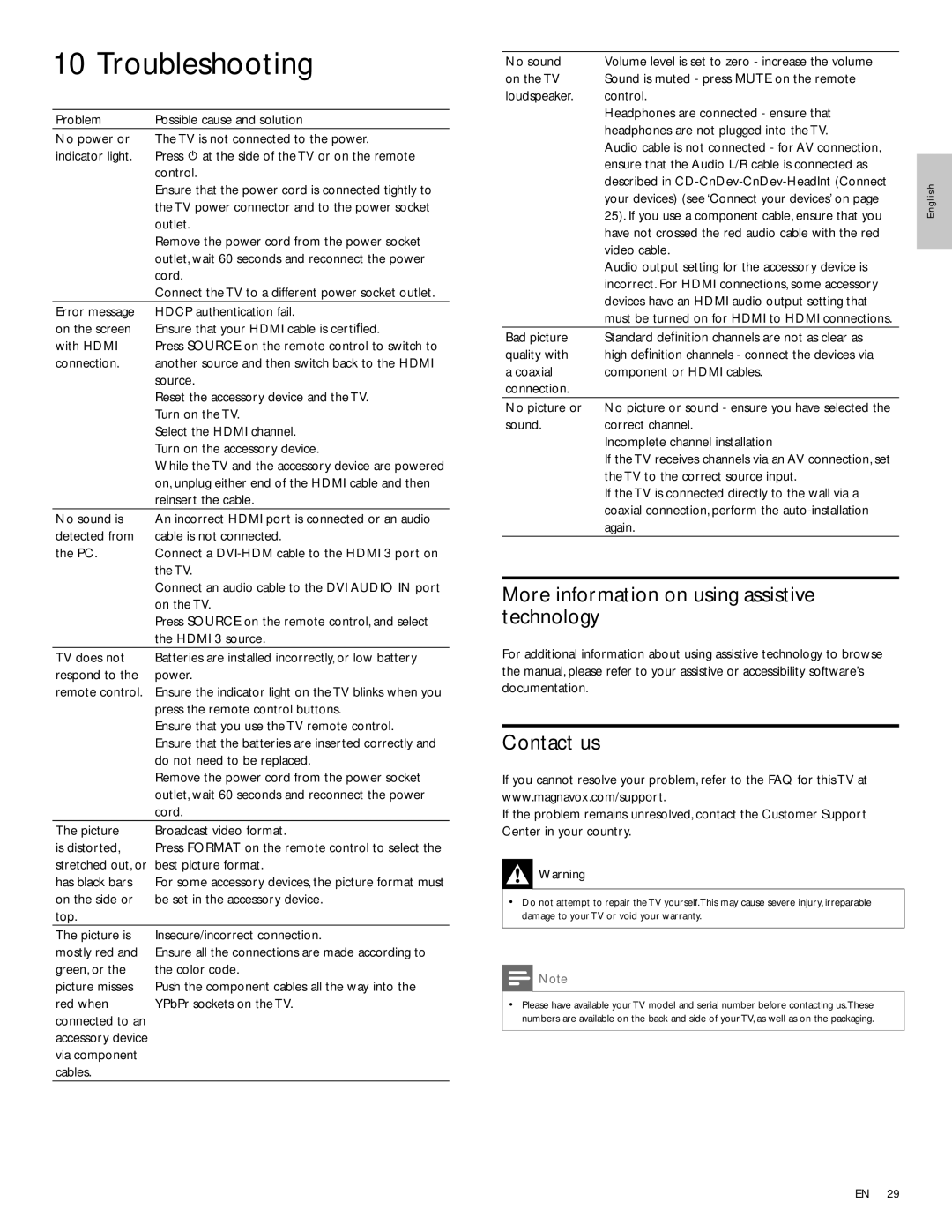 Magnavox 47MF439B user manual Troubleshooting, More information on using assistive technology, Contact us 